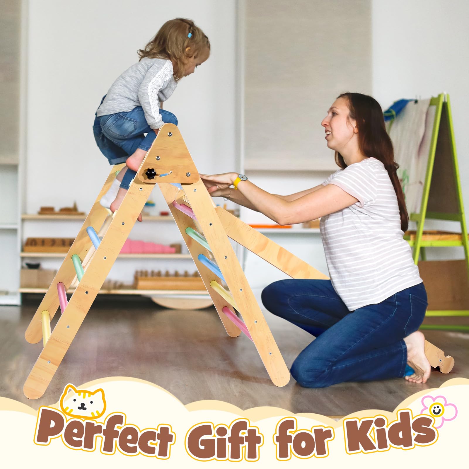 Naxudcoo Montessori Klettergerüst, 5-in-1 kletterdreieck Indoor mit Kletterbogen und Rutsche, Holz Klettergerüst für Kinder ab 1 2 Jahr