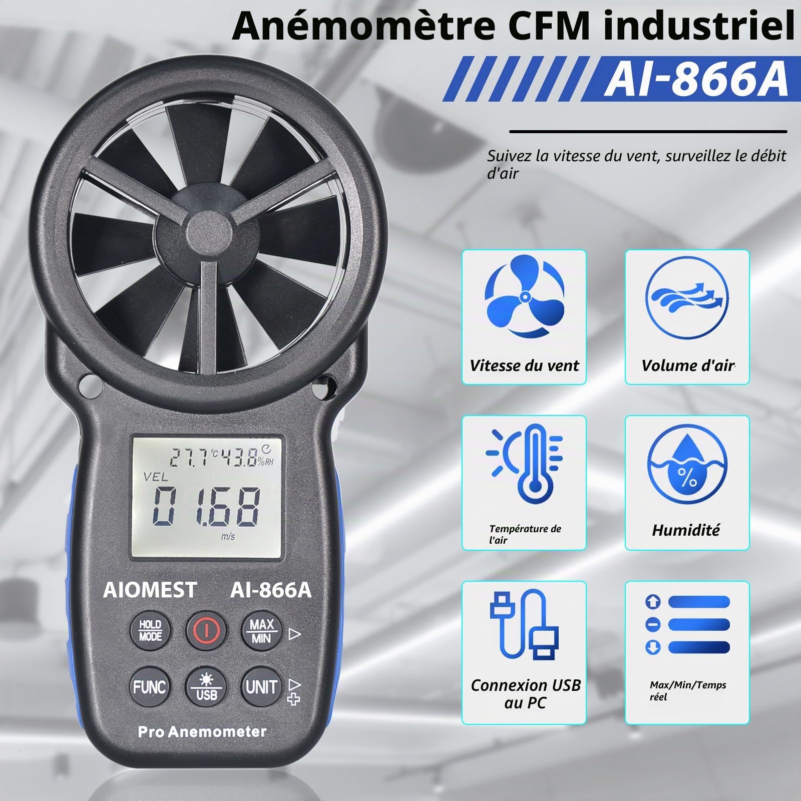 Anémomètre VMC m3/h Professionnel, AIOMEST Numérique Débitmètre d'Air AI-866A Mesurant la Vitesse, le Débit HVAC, Humidité, la Température pour Ventilation CVC, Extérieur Drones