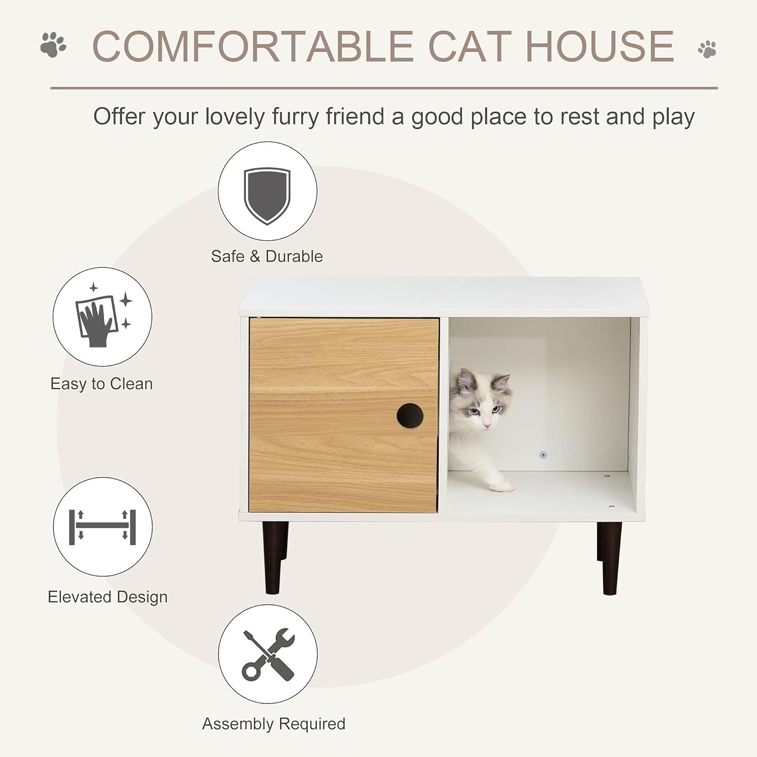 review PawHut Wooden Cat House with Soft Cushion, Decorative Kitten Condo Side Table, Elevated Pet House with Storage Space