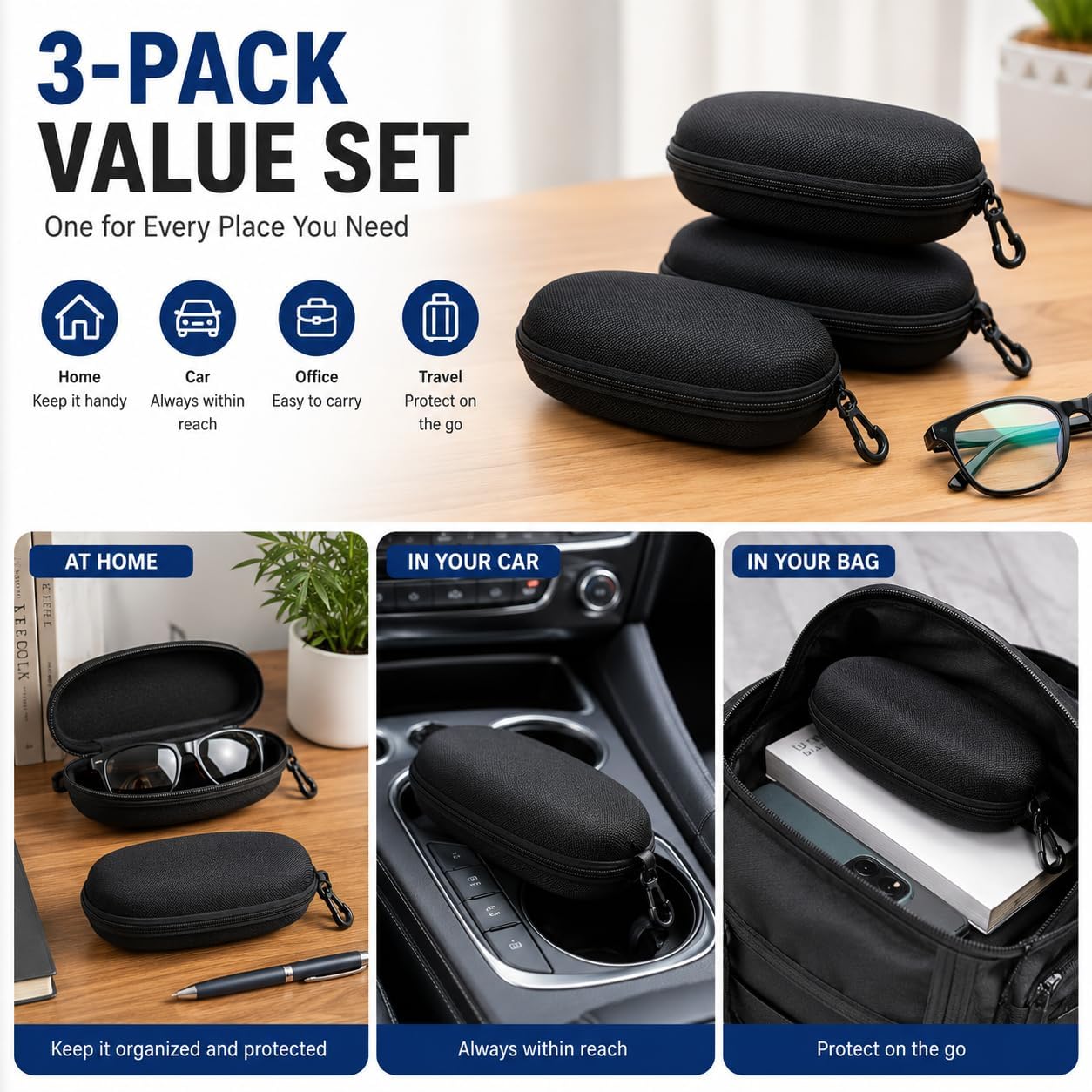 3Pack Hard Shell Sunglasses Case with Zipper,Portable EVA Eyeglass Case for Men Women,Travel Glass Box with Clip