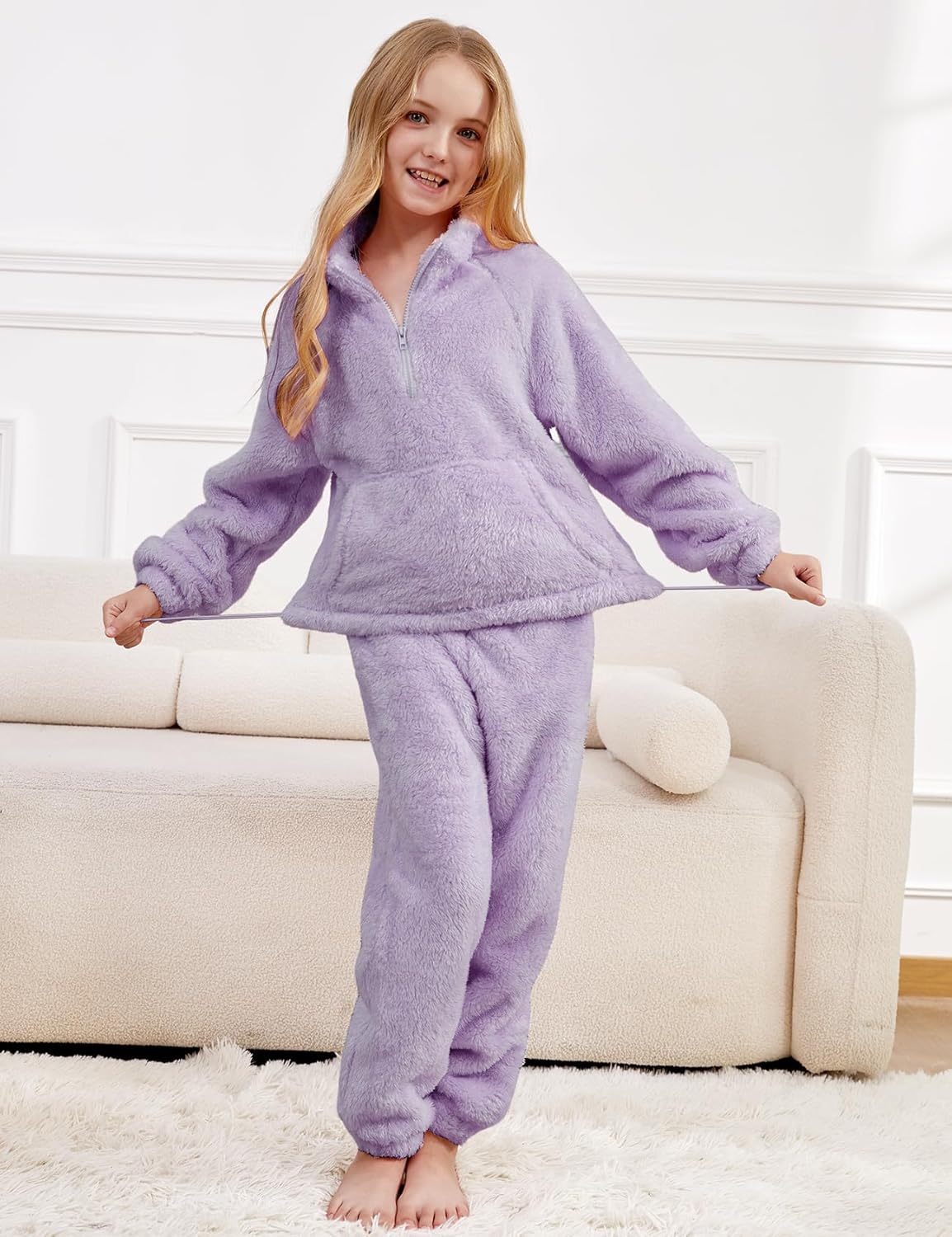 Yimoon Girls Fleece Pants Set Fuzzy 2 Piece Outfits Quarter-Zip Sweatshirt Pants Fall Winter Girls Clothing Set - Image 4