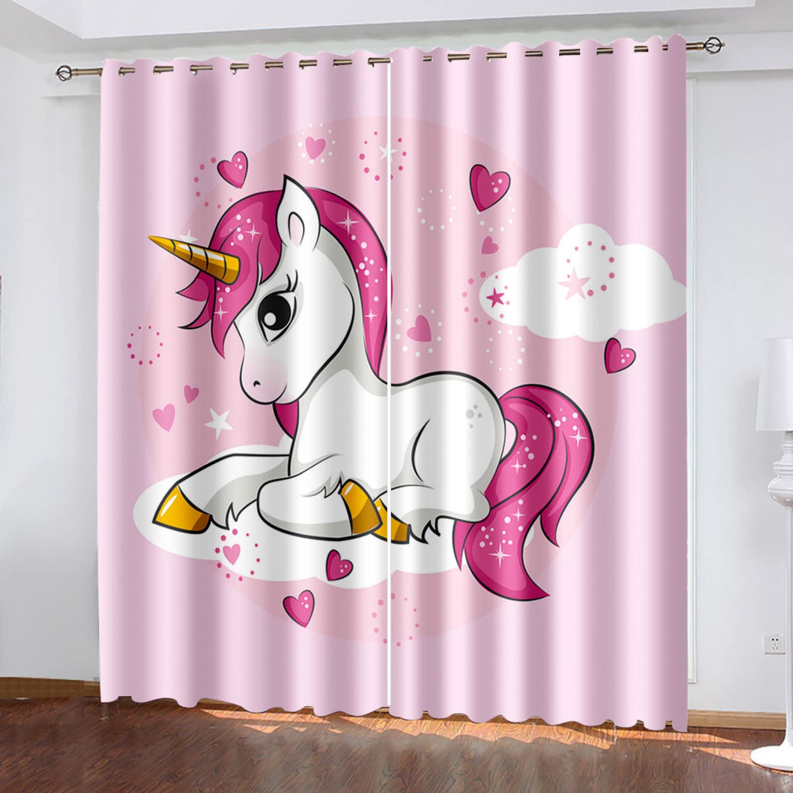 Rideaux Occultant Fille Licorne Rose Rideaux Thermiques Isolants Salon Moderne,Rideau Chambre Fille Garçon,Rideaux À Oeillets Enfant,2 Pièces,2X91.5X214Cm