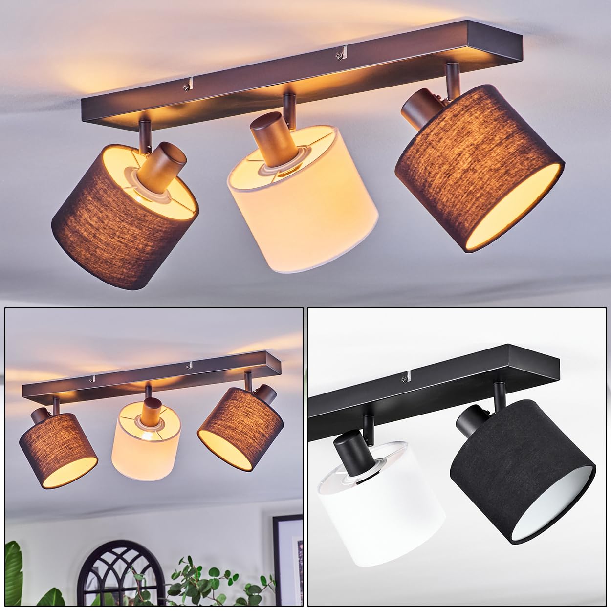 HOFSTEIN Lampa sufitowa Bassagoda, lampa sufitowa z metalu/materiału w kolorze czarnym/białym, regulowana lampa o nowoczesnym wzornictwie (abażury Ø 12 cm), 3 x E14, do jadalni, salonu, sypialni