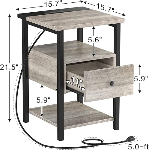 Miniatura 3 de VETIN Mesita de noche con estación de carga, mesita de noche de 3 niveles con cajón de madera, mesas auxiliares sala de estar con puertos USB,