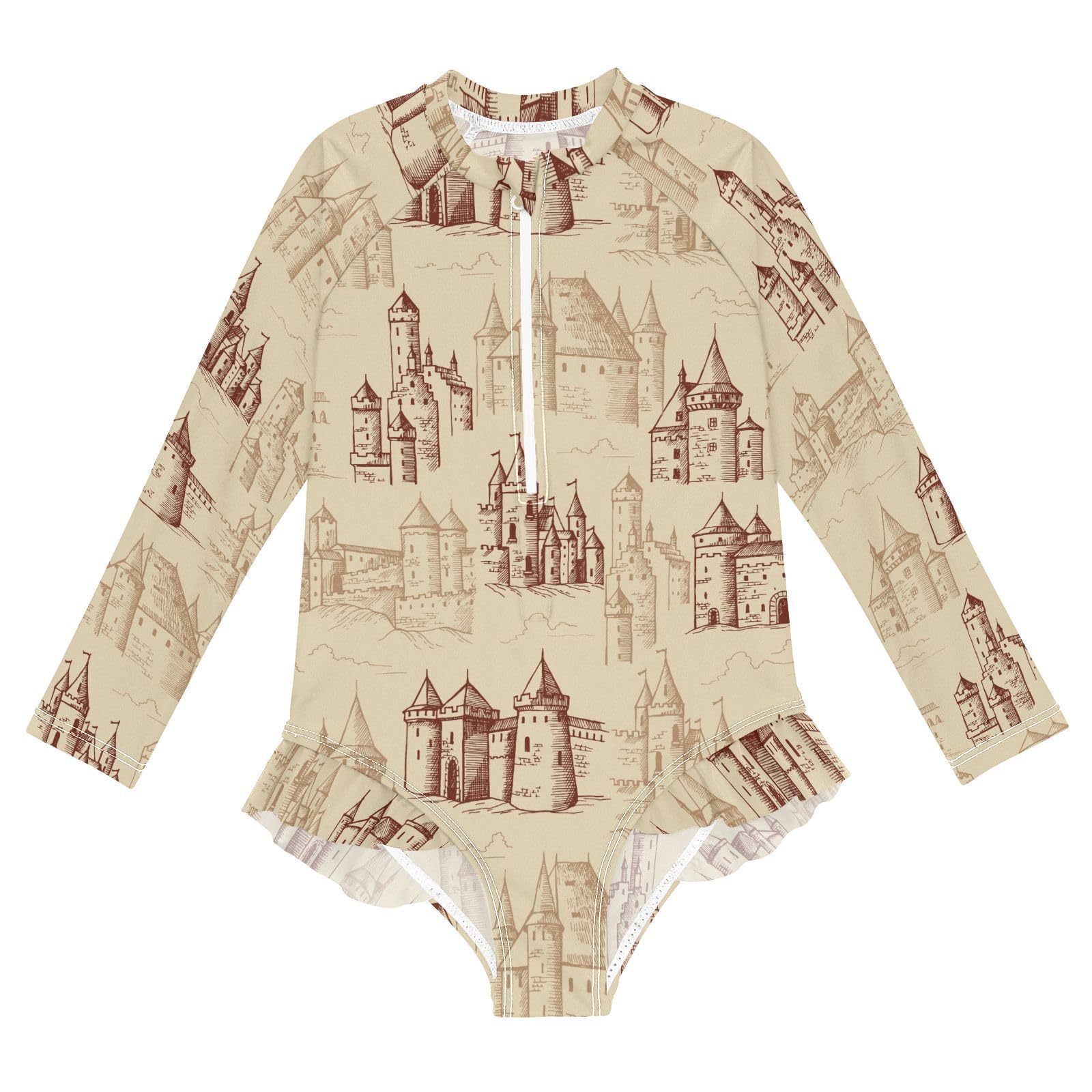 Ollabaky Baby Girls Long Sleeve Swimsuit Castles Pattern One Piece Bathing Suit Rash Guard UPF50+ Toddler Girl Swimwear, 5-6T Multi