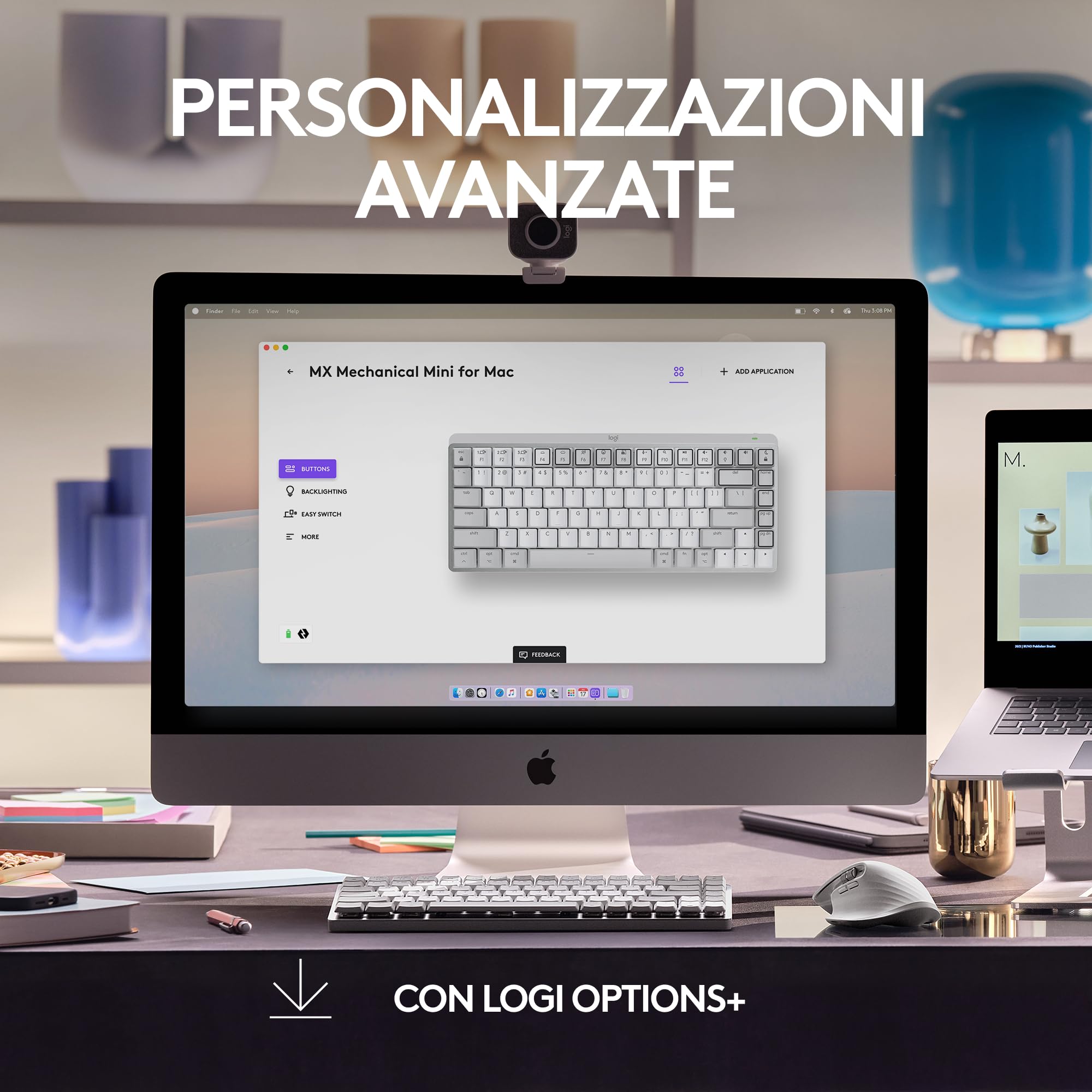 Logitech MX Mechanical Mini Tastiera Retroilluminata Wireless per Mac | Switch a Basso Profilo, Tasti Tattili Silenziosi, Retroilluminati, Bluetooth, USB-C, Apple, iPad, QWERTY US Intl - Pale Grey