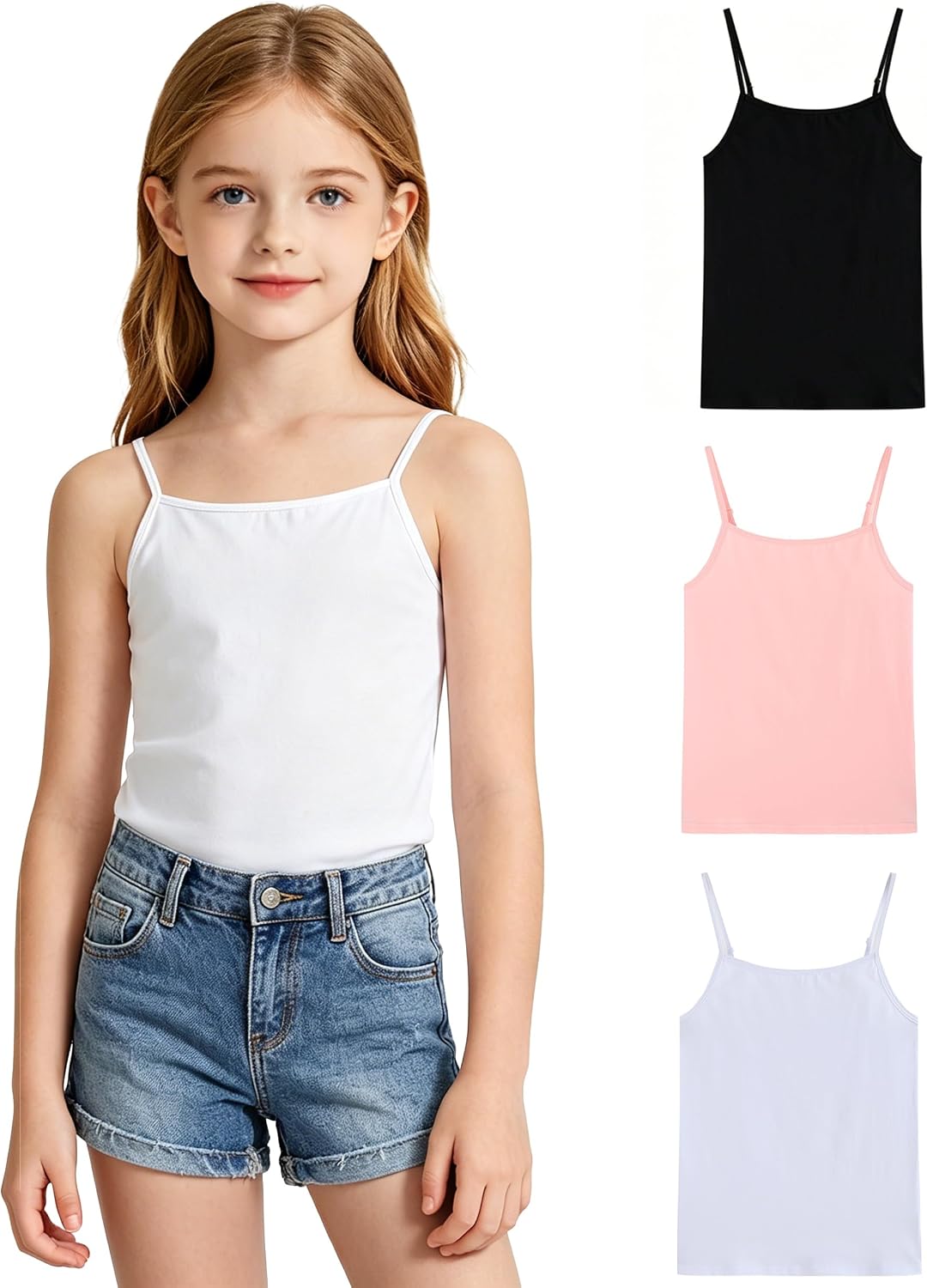 3 Pack Girls Cotton Camisole Size 5-12 Years Kids Tank Tops