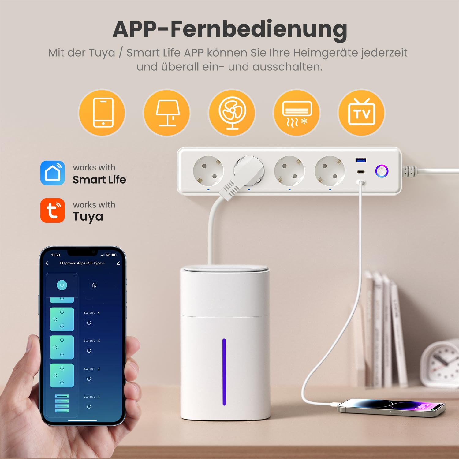 MIUCDA Smart - Regleta con 4 enchufes de 10 A, 1 USB y 2 Conectores Tipo C, Enchufe múltiple conmutable Individualmente, Compatible con Alexa, Google Assistant, Smart Life, Tuya Acceso Remoto, 1,5 m