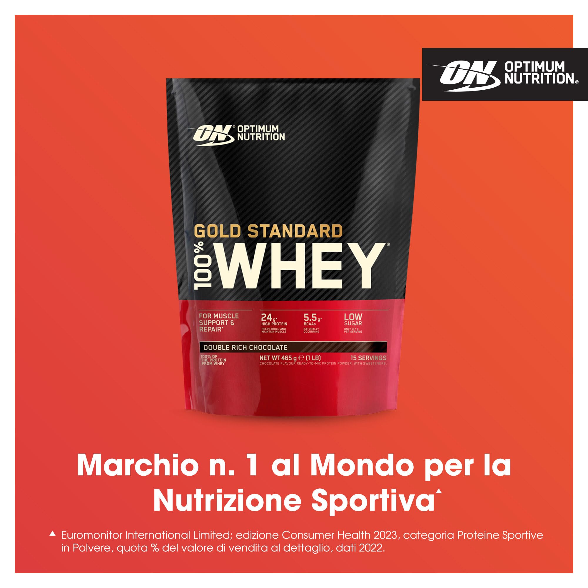 Optimum Nutrition Gold Standard 100% Whey, Proteine in Polvere, Gusto Doppio Cioccolato, 465g, 15 Porzioni