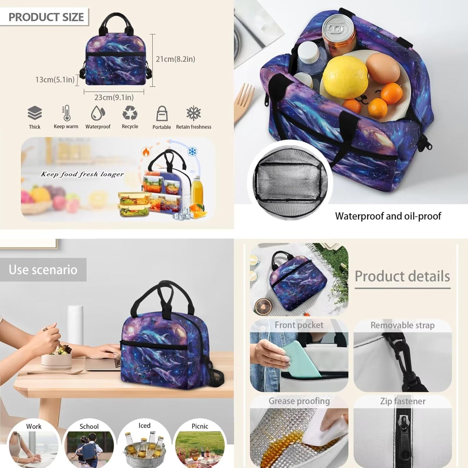 HUGS IDEA Galaxy Dolphin School Backpack for Girls 8-10 Kids Backpack and Lunchbox for Girls School Bag Set Lightweight Middle School Backpacks for Girls 17 Inch Laptop Backpack for Teen Girls