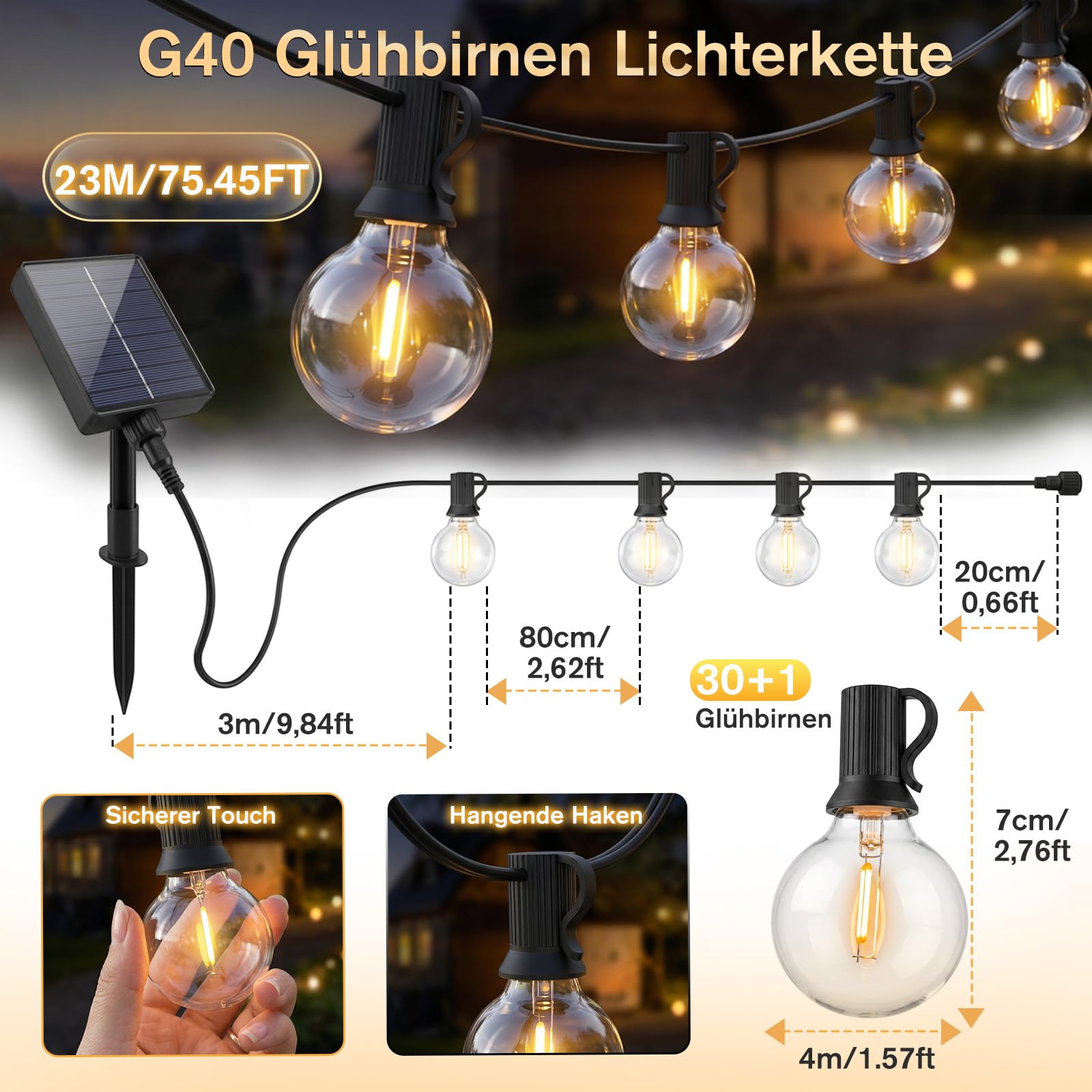 SALCAR Guirlande lumineuse solaire d'extérieur - 23 m - Étanche - 30 + 1 ampoules G40 - Intensité variable - Avec télécommande - 8 modes - Pour jardin, balcon, terrasse, fête, blanc chaud