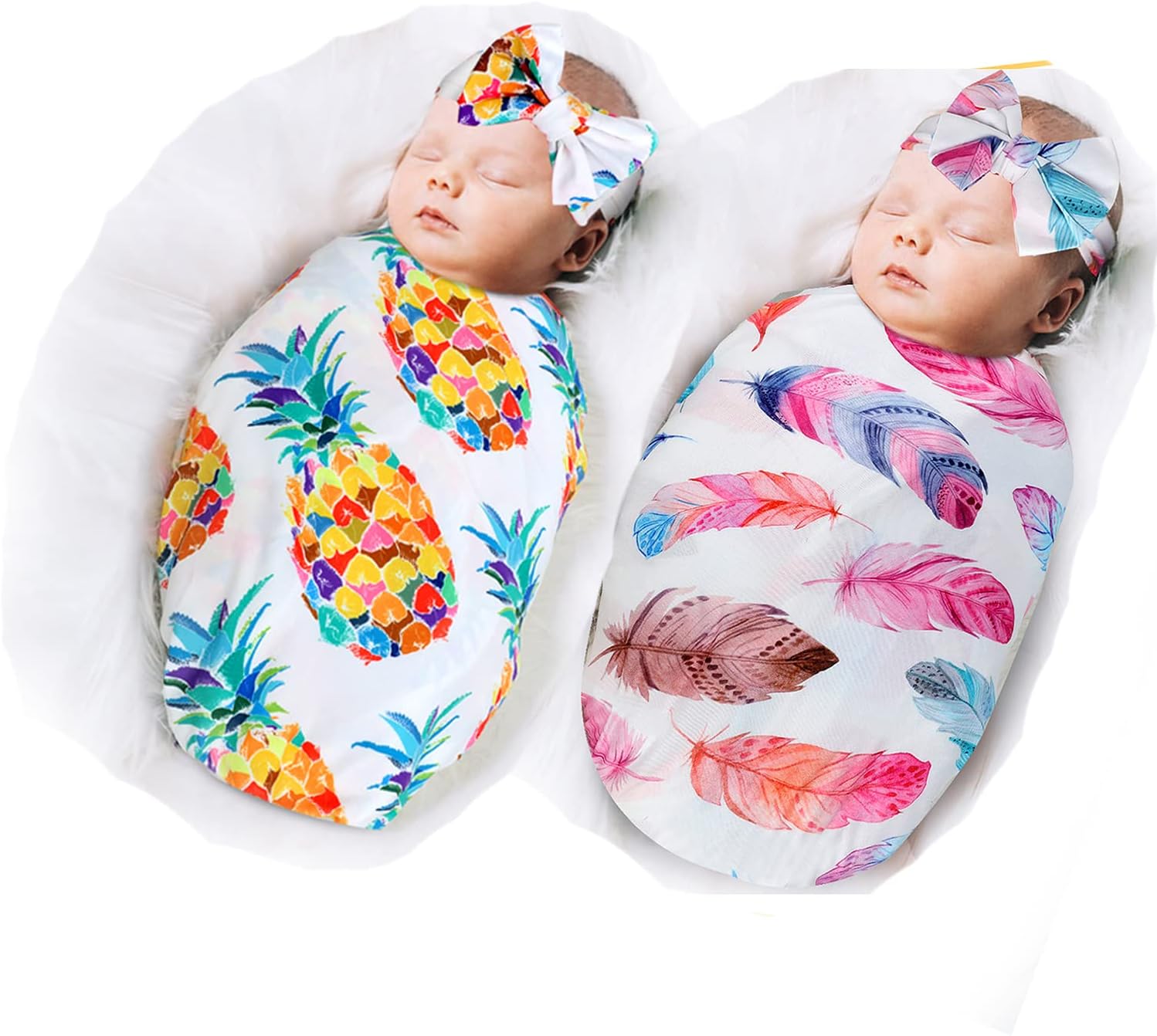 Newborn Receiving Blanket Headband Set - Unisex Soft Baby Swaddle Girl Boy Gifts (Pinapple+Feather)