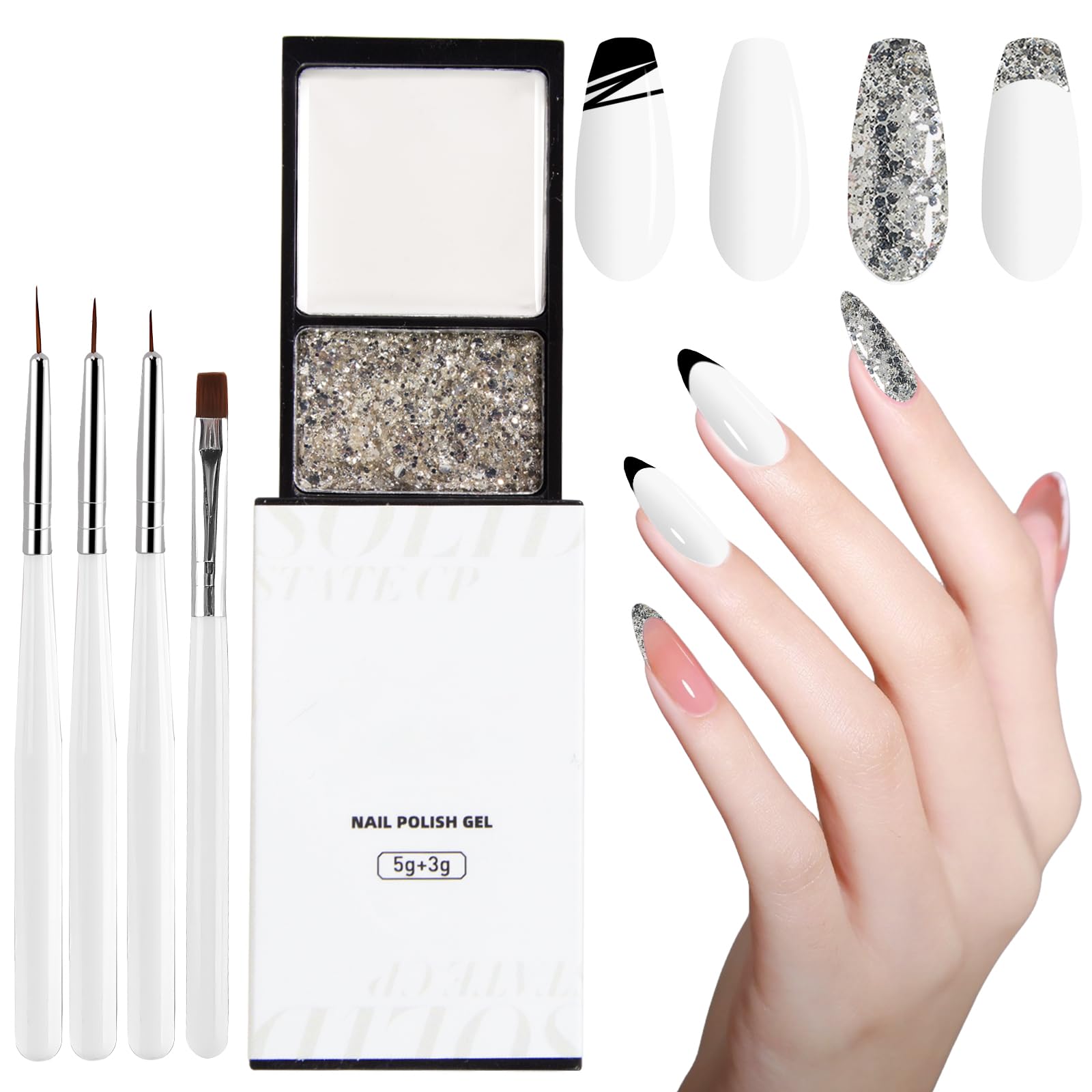 Solid Gel Nail Polish, Silver White Nail Art Painting Liner Gel, Upgrade Jelly Mud Pudding Cream Polish Set, Glitter Sequins Gel Nail Polish Nail Art Design Manicure DIY at Home & Nail Salon