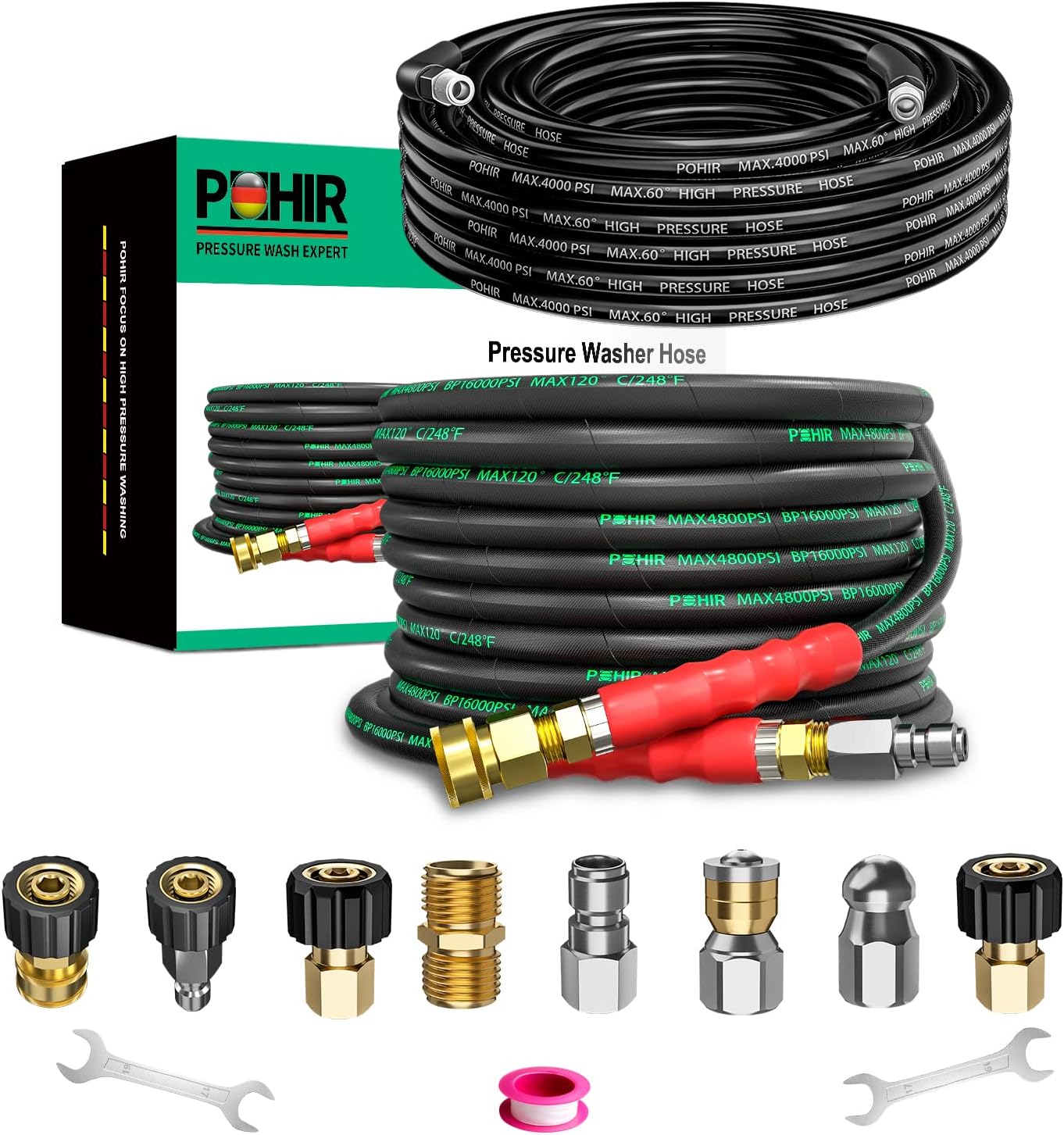 POHIR 3/8 Inch Pressure Washer Hose 25 FT with Adapter Set, 4800PSI Hot and Cold