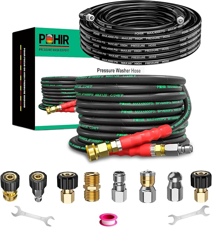 POHIR 3/8 Inch Pressure Washer Hose 25 FT with Adapter Set