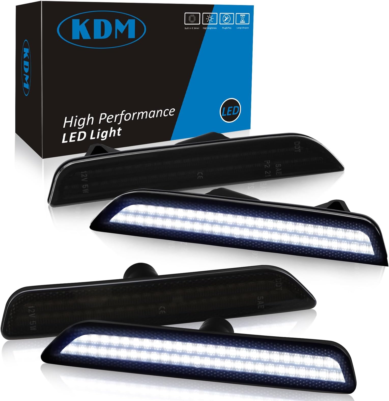KDM LED Smoked Lens Fender Side Marker Reflectors Lights Dual Rows Bright White, Compatible for 2010-2014 Ford Mustang Assembly Front & Rear Side Bumper Marker Lights，Pack of 4