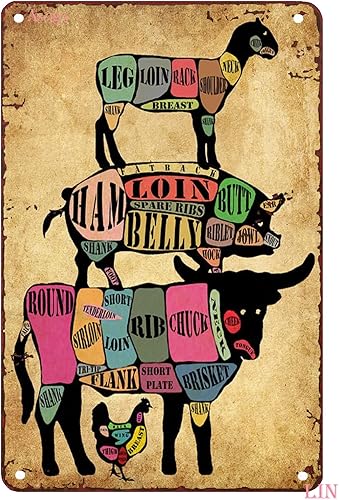 Carniceros de carne de cerdo retro, carne de vaca, cordero, carne de pollo, carniceros de vaca, cortes de carne de carne, letrero de metal para