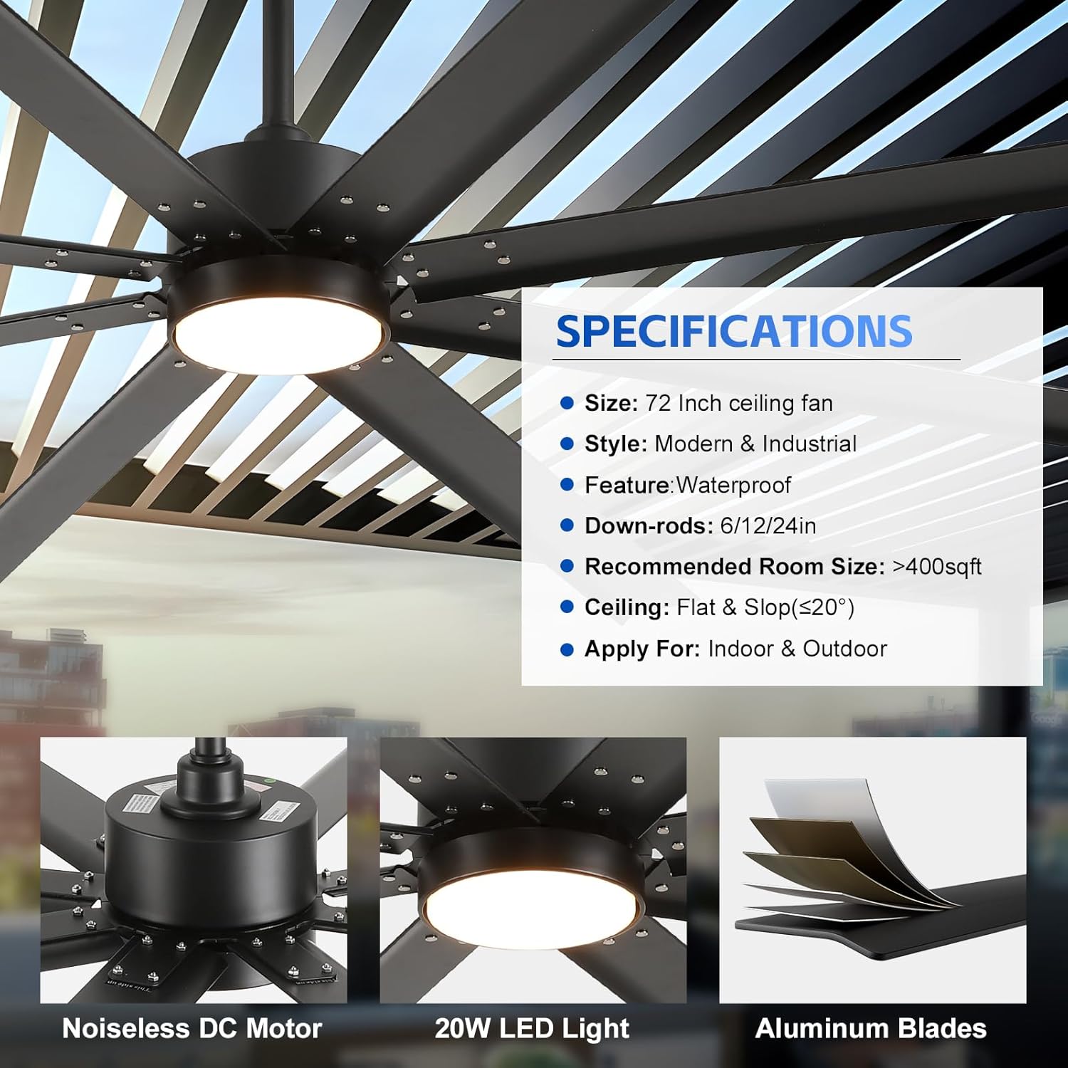 72 Inch Waterproof Outdoor Ceiling Fan with Light, Smart Ceiling Fan with Alexa/APP Control, 8 Modern Black Aluminum Blades, Large Airflow Reversible Quiet DC Motor, Wet-Rated for Patios Gazebo Garage