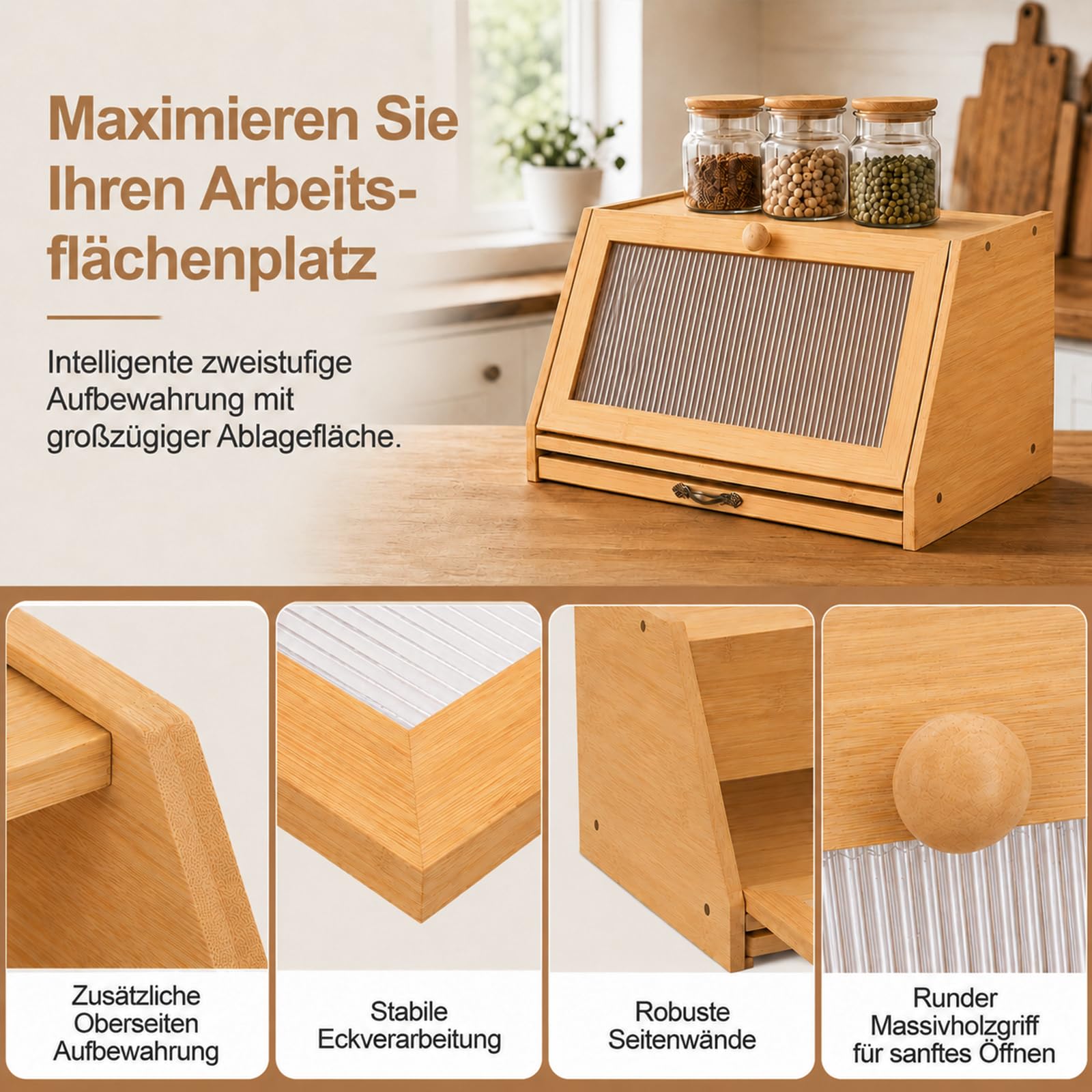 Trintion Brotkorb mit Schneidebrett, Brotkasten aus Bambus | Geeignet für selbstgebackenes Brot, Kuchen oder andere Backwaren. Auch zur Aufbewahrung von Obst oder Snacks geeignet.
