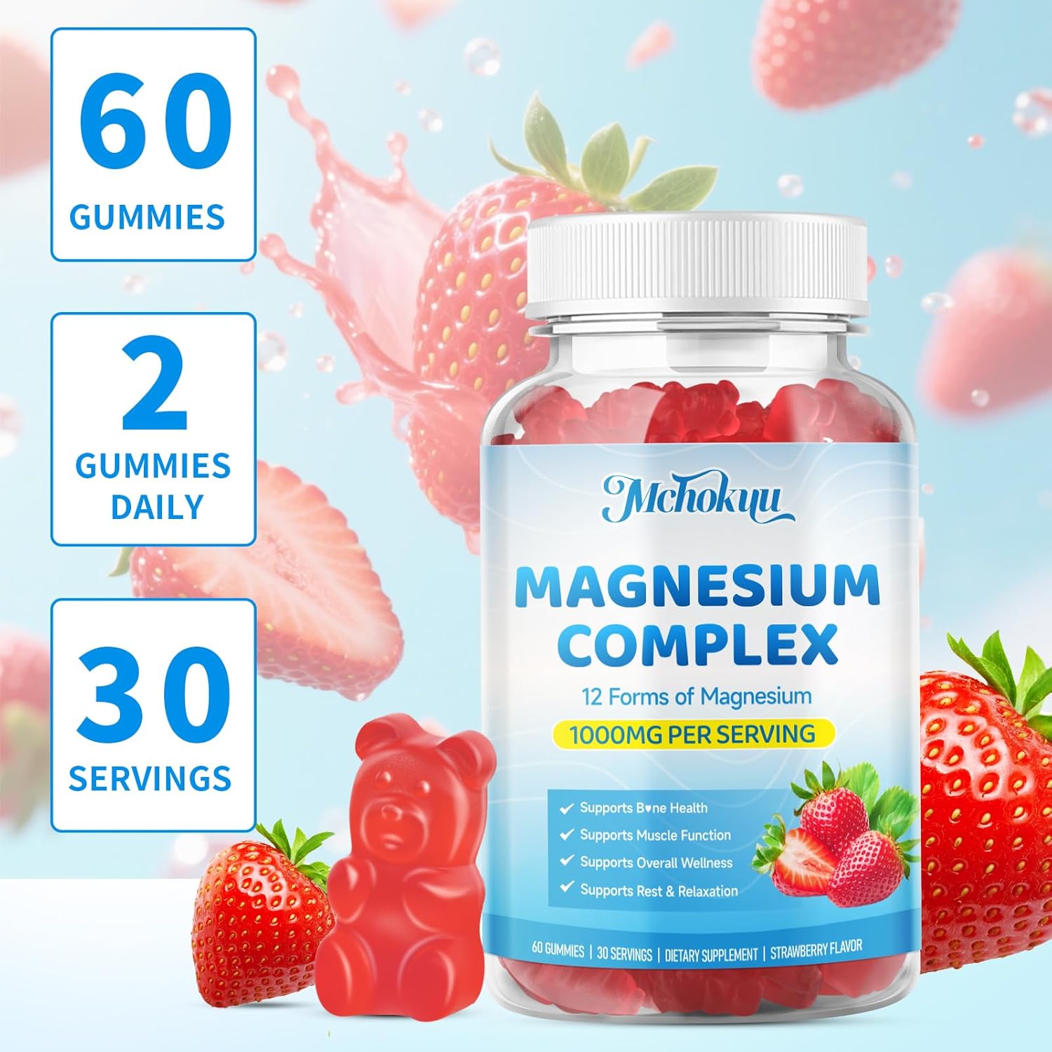 Magnesium Complex Gummies 1000mg | 12-in-1 Magnesium Complex Supplement with Glycinate, Citrate, Malate & Taurate Supports Muscle Function, Bone Health, Rest & Relaxation – Strawberry, 120 Count
