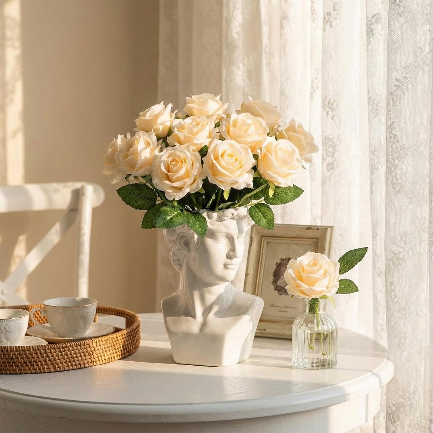 Jexine 60 PCS Artificial Roses Bulk Silk Flowers with Long Stems, Realistic Faux Rose Bouquet for Wedding Centerpieces, Valentine’s Party, Decor Home (Champagne)