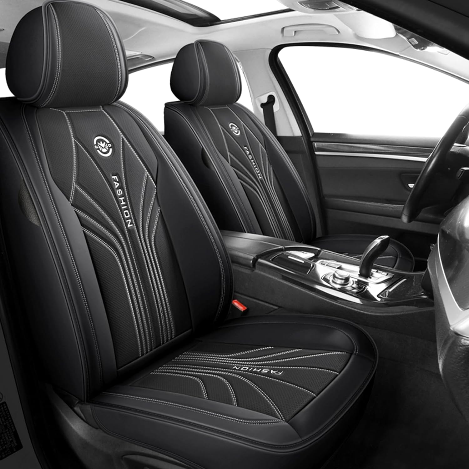 Car Seat Covers Full Set Airbag Compatible Leather Seat Covers Car Seat Protector Universal Anti-Slip Rear Split Bench Car Accessories Fit for Most Sedans SUV Pick-up Truck (Black + White)