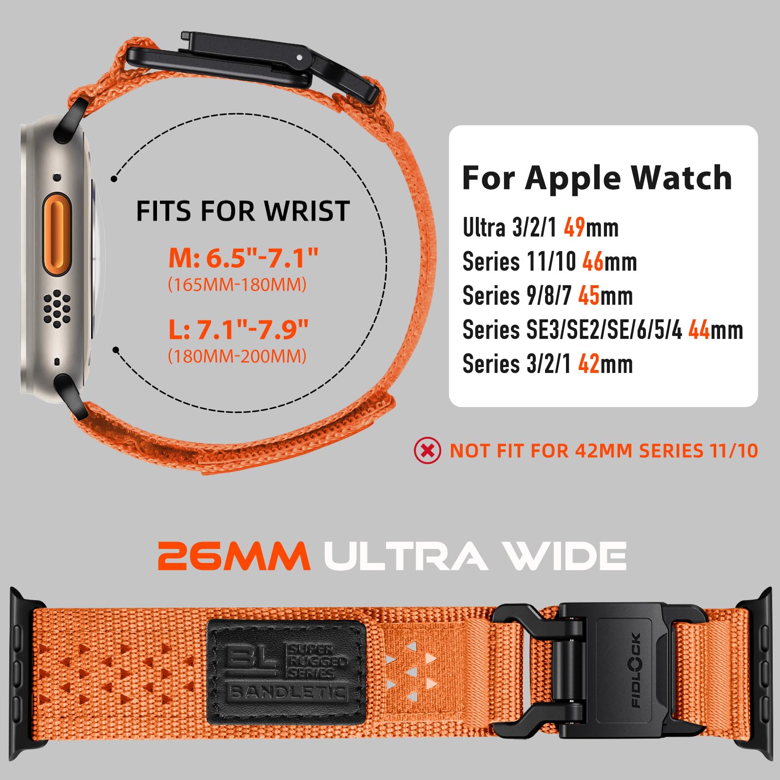 Bandletic Compatibile con Cinturino Apple Watch Ultra/Ultra 2/Ultra 3 49mm | Nylon Morbido Traspirante Sport Banda per iWatch Series 11 10 46mm 9/8/7 45mm SE/6/5/4 44mm 3/2/1 42mm