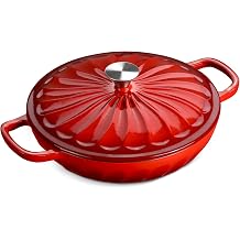 Enameled Cast Iron Braiser Pan,Petal-shaped Skillet with Lid,3.8 Quart Dutch Oven Pot,Shallow Dutch Oven for Cook, Oven-Safe up to 500F, Induction-Safe, Heat-Retaining, Non-Toxic Enamel Braiser CookwareRed