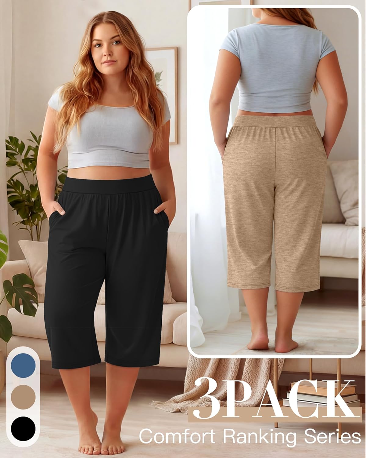 Huukeay 3 Pack Women's Plus Size Capri Pants Loose Fit Wide Leg Capris Sweatpants Summer High Waisted Yoga Pants with Pockets - Image 5