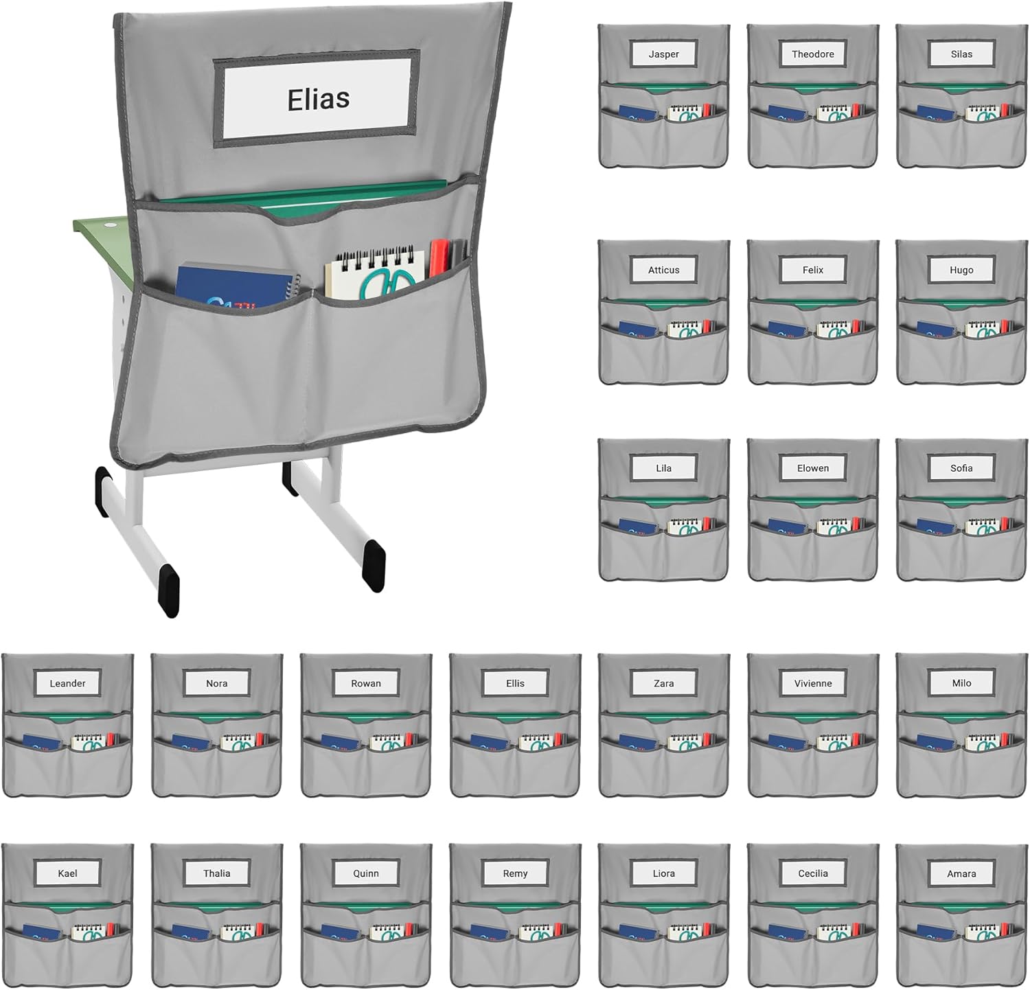 Chair Pockets for Classrooms 24 Pack,17 x 20 inch Grey Chair Back Buddy Pockets with 3 Pockets & Name Slot & Tags, Back of Chair Organizer for Classroom Chairs Seat Storage