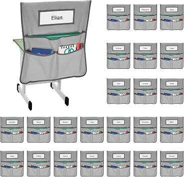 24PCS Chair Pockets for Classrooms 17 x 20 inch | Thickened Oxford, with 3 Pockets & Name Slot & Tags, Grey Chair Back Buddy Pockets for Classroom Chairs Seat Storage