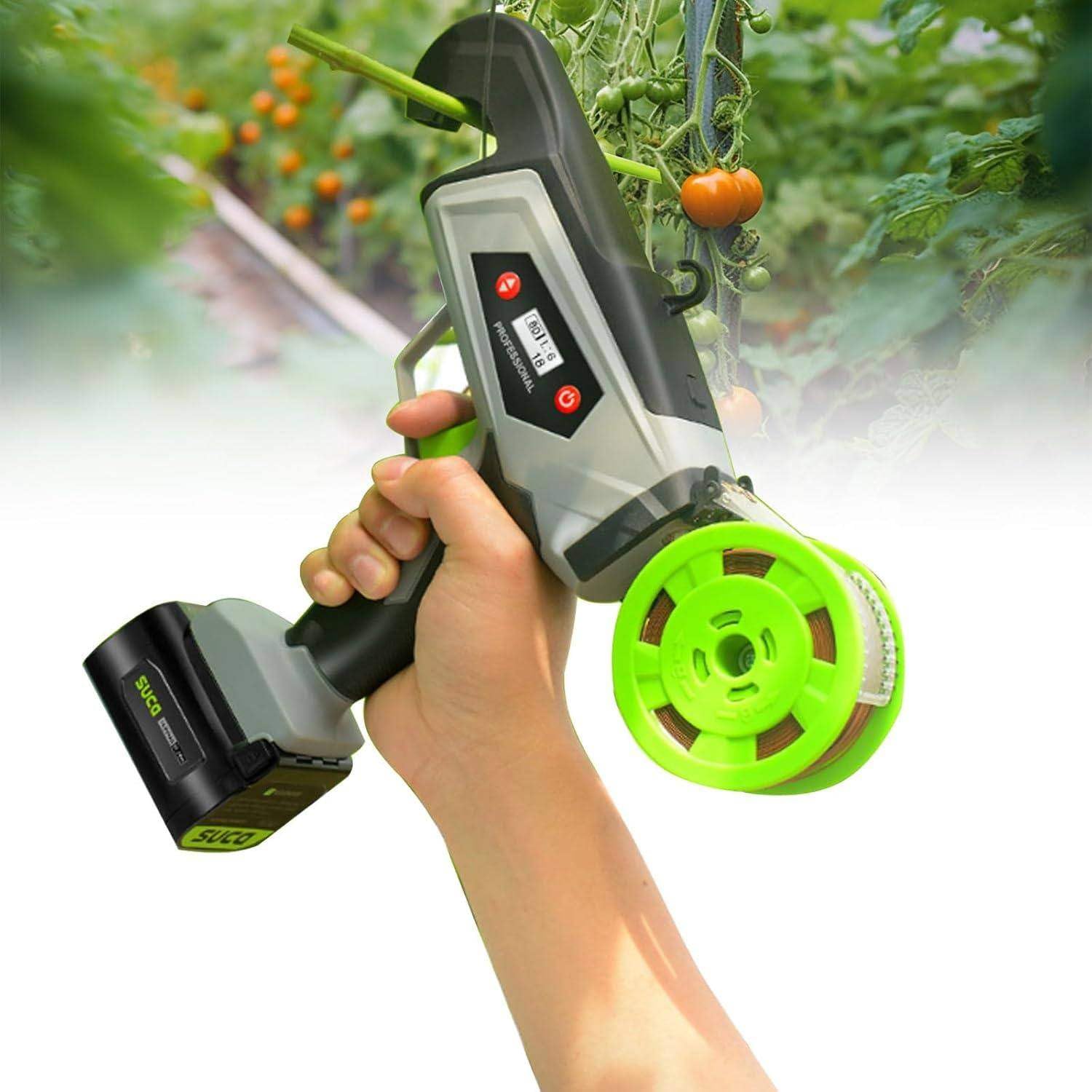 Atadora de plantas a batería para entutorar verduras en el huerto