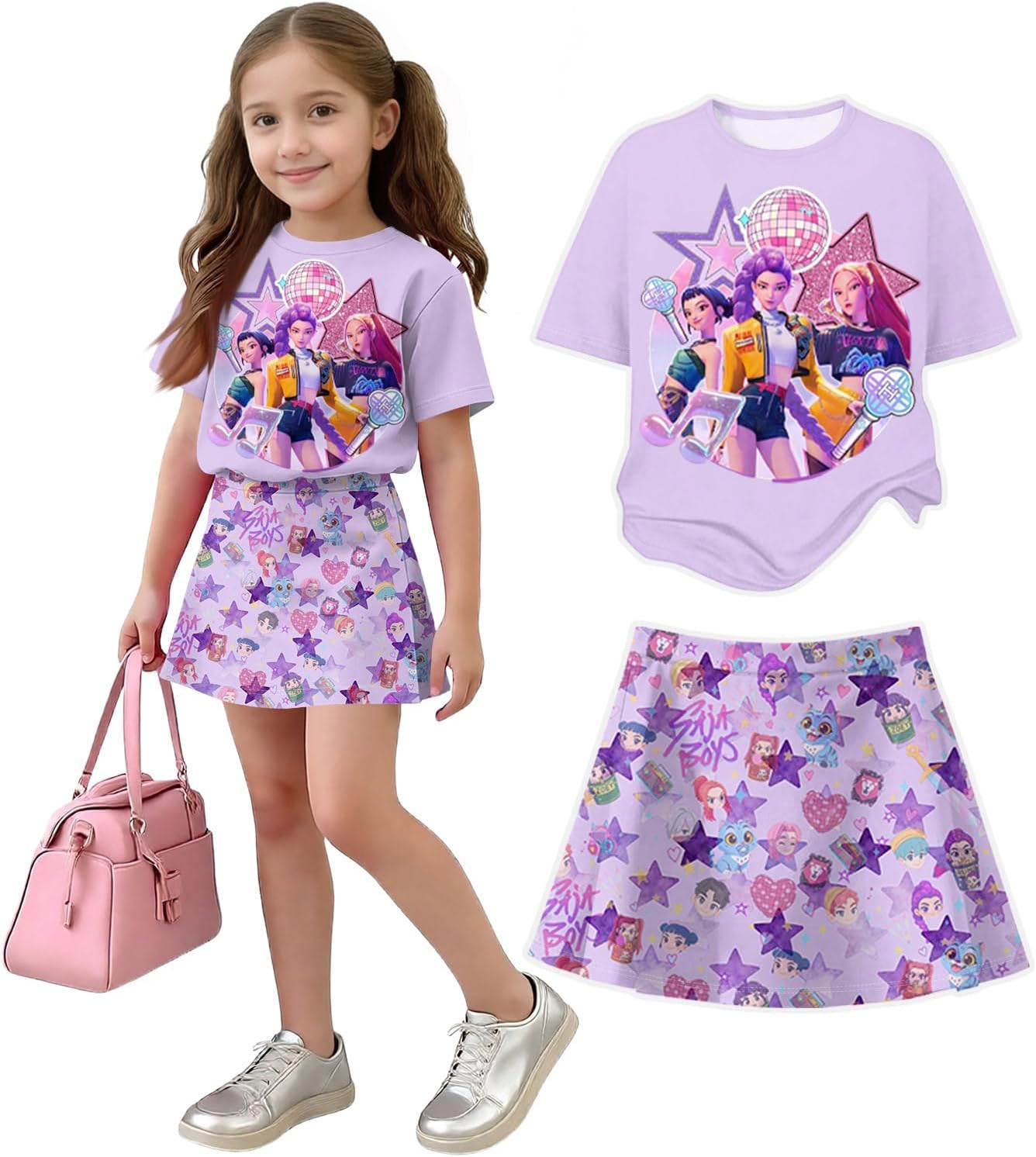 K Pop Short Sleeve T-Shirt and Skirts Outfits Set for Girls Hunters Girl's Anime Graphic Tees De-Mon Summer Sets