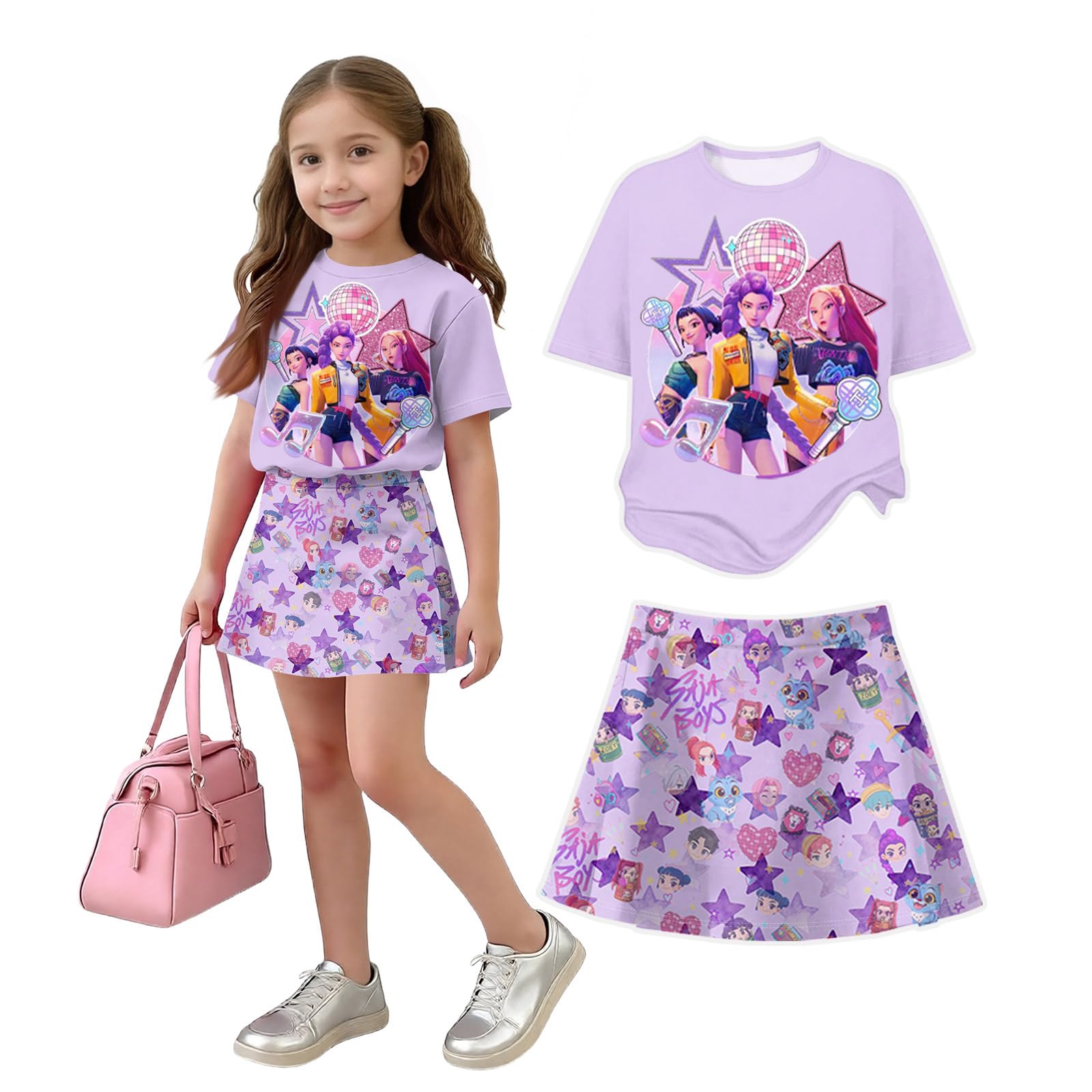 K Pop Short Sleeve T-Shirt and Skirts Outfits Set for Girls Hunters Girl's Anime Graphic Tees De-Mon Summer Sets — view 13