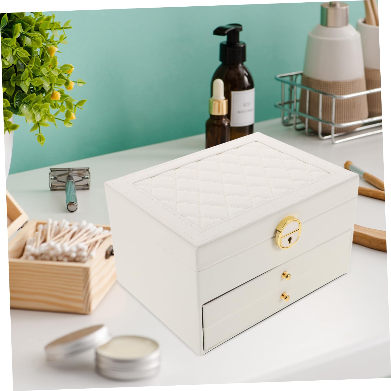 Boîte à Bijoux 3 Niveaux en Similicuir Blanc avec Verrou, Grand Coffret