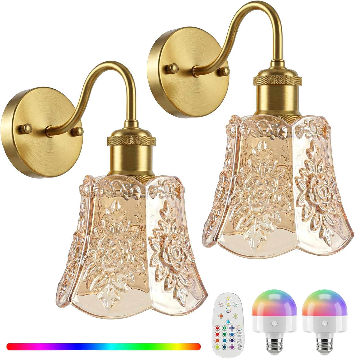 YUNICE Vintage Battery Operated Wall Sconces Set of 2 Rechargeable Wall Sconce Wireless Wall Lights with Remote Control & Amber Glass Lampshade for Bedroom Living Room Vintage Indoor E26 Type-C