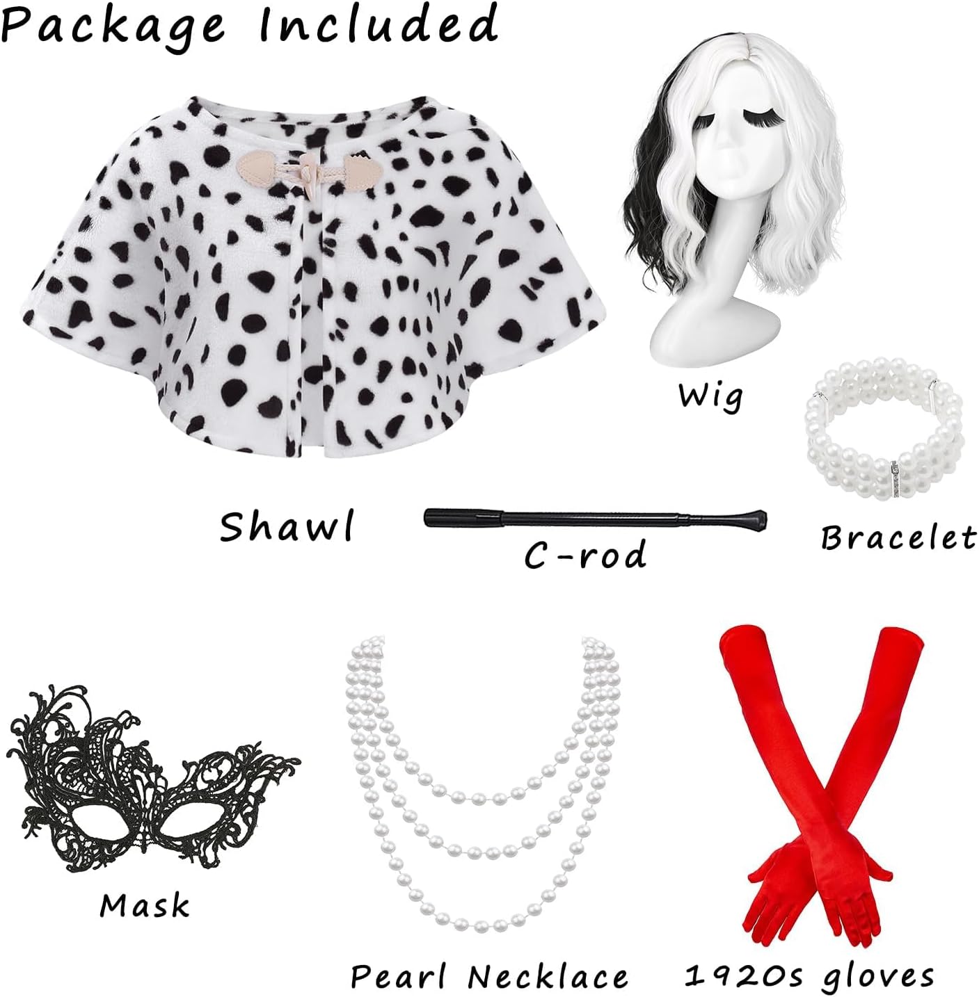 Women Cruella Deville Costume Adult Dalmation Shawl Faux Stole Scarf Halloween Costumes Fancy Dress Cosplay with 6Pcs Accessories Red Gloves Necklace Bracelet Wig Mask C-Holder HN005