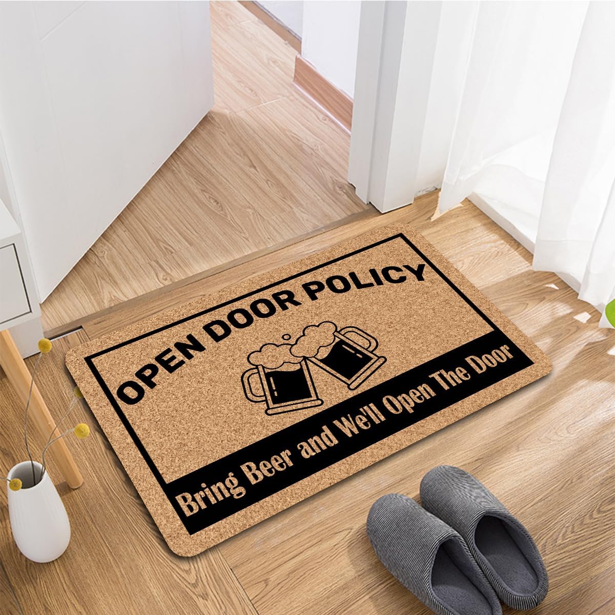 Funny Doormat for Front Door - 23.6x15.7 Inch Non-Slip Welcome Mat with 'Open Door Policy Bring Beer' Design - Durable Indoor/Outdoor Entryway Rubber Mat