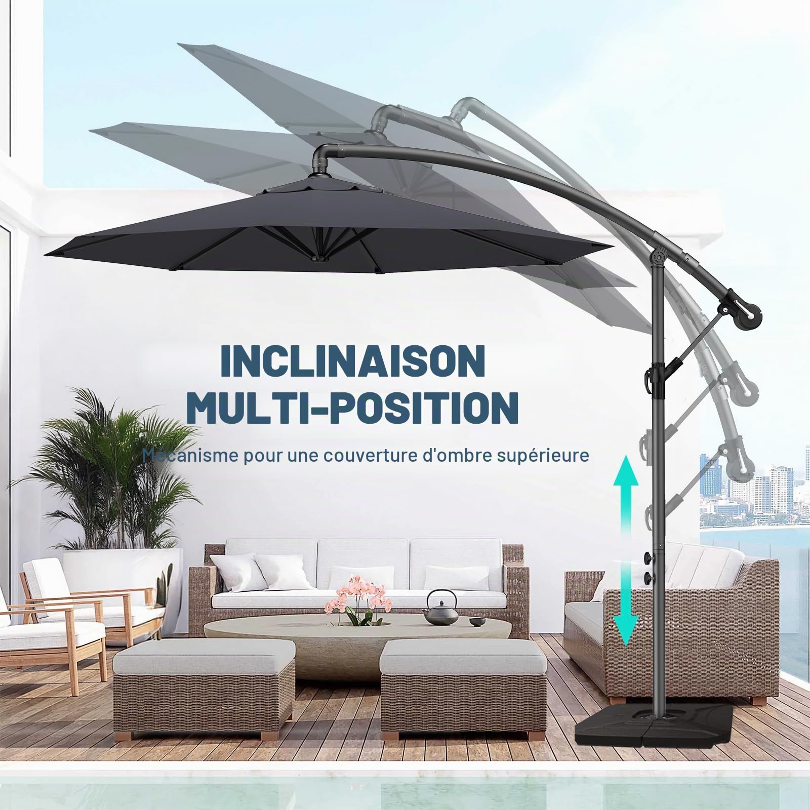 Parasol déporté 300/350cm – Manivelle orientable 360°, UV40+ & imperméable pour jardin/terrasse. Version LED optionnelle, base croix stable, résistant aux intempéries.