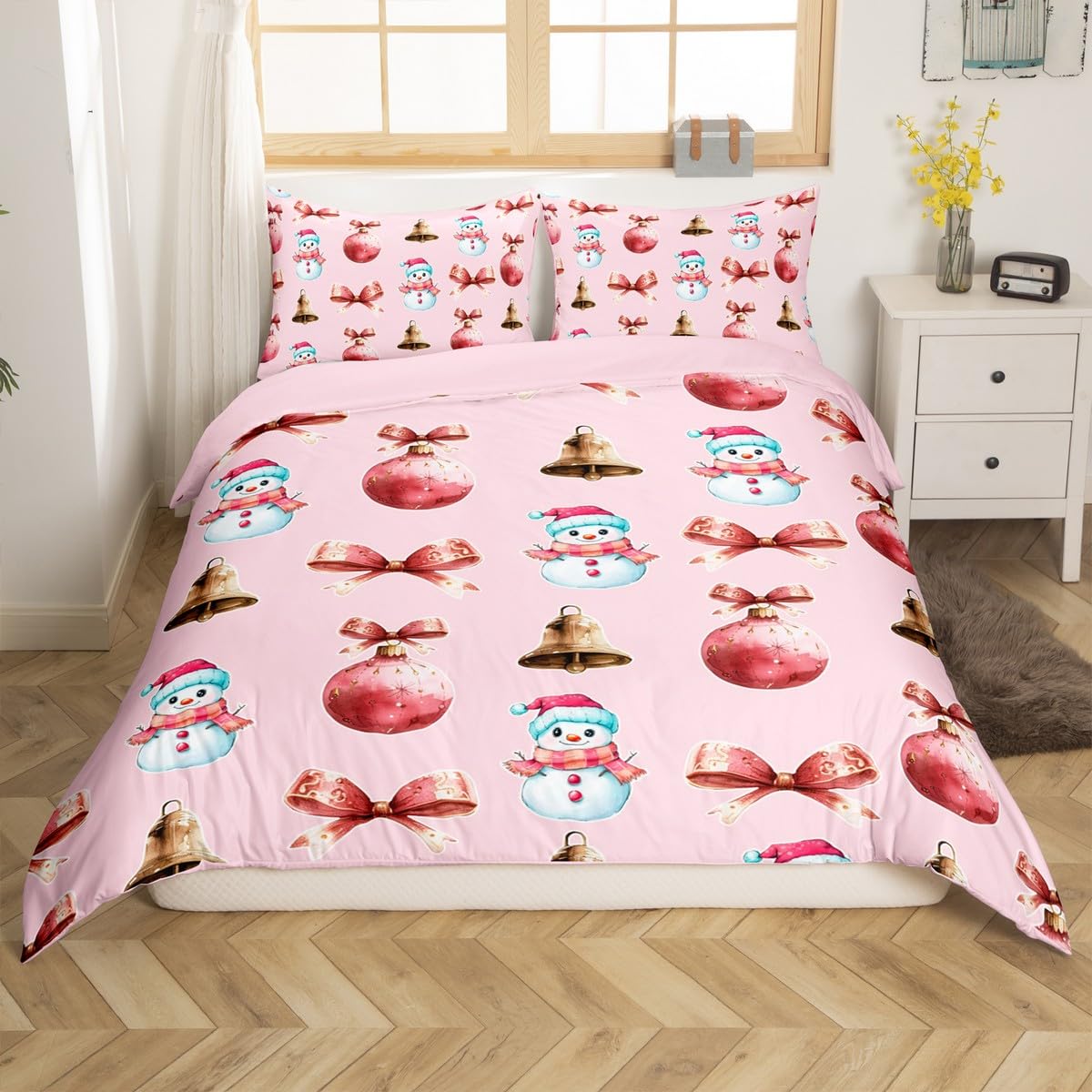 Boże Narodzenie Bowknot zestaw pościeli w rozmiarze M, różowy łuk, mały dzwonek, dwustronny pokrowiec z 1 poszewką na poduszkę, śliczny bałwanek na Boże Narodzenie, piękny zestaw pościeli poliestrowej
