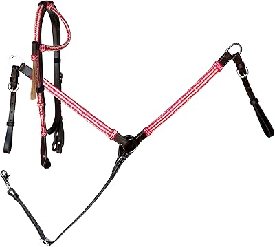 Equitem Full Horse Size Leather Headstall and Breast Collar Set with Color Braided Rawhide Accents (Pink)