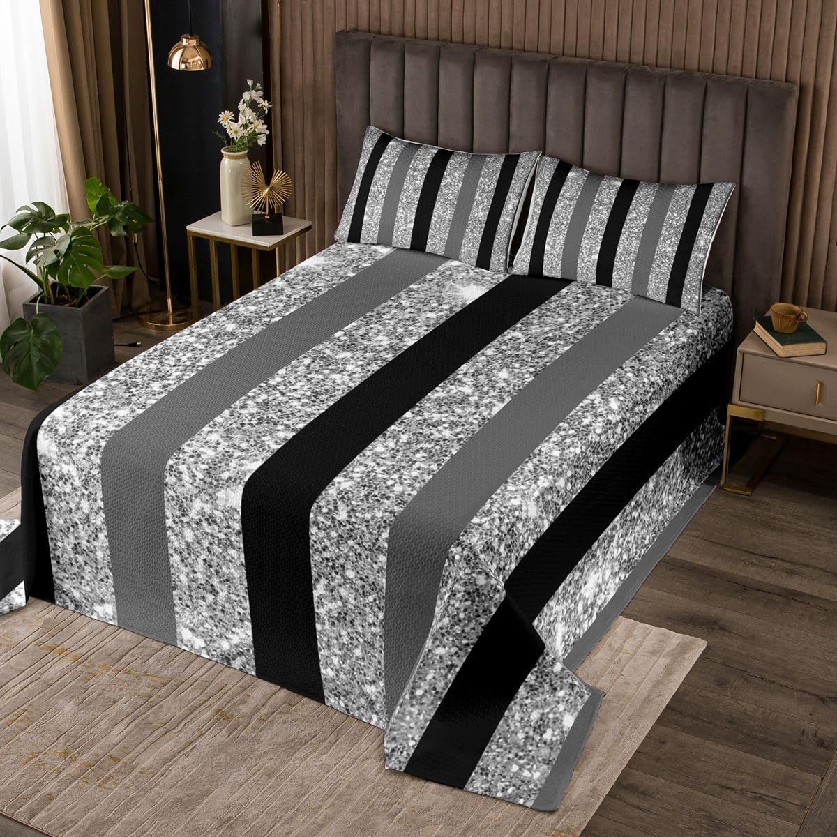 Loussiesd Set copriletto trapuntato grigio e nero a righe per letto singolo per bambini ragazzi ragazze copriletto glitterato per tutte le stagioni con 1 federa geometrica in microfibra moderna a