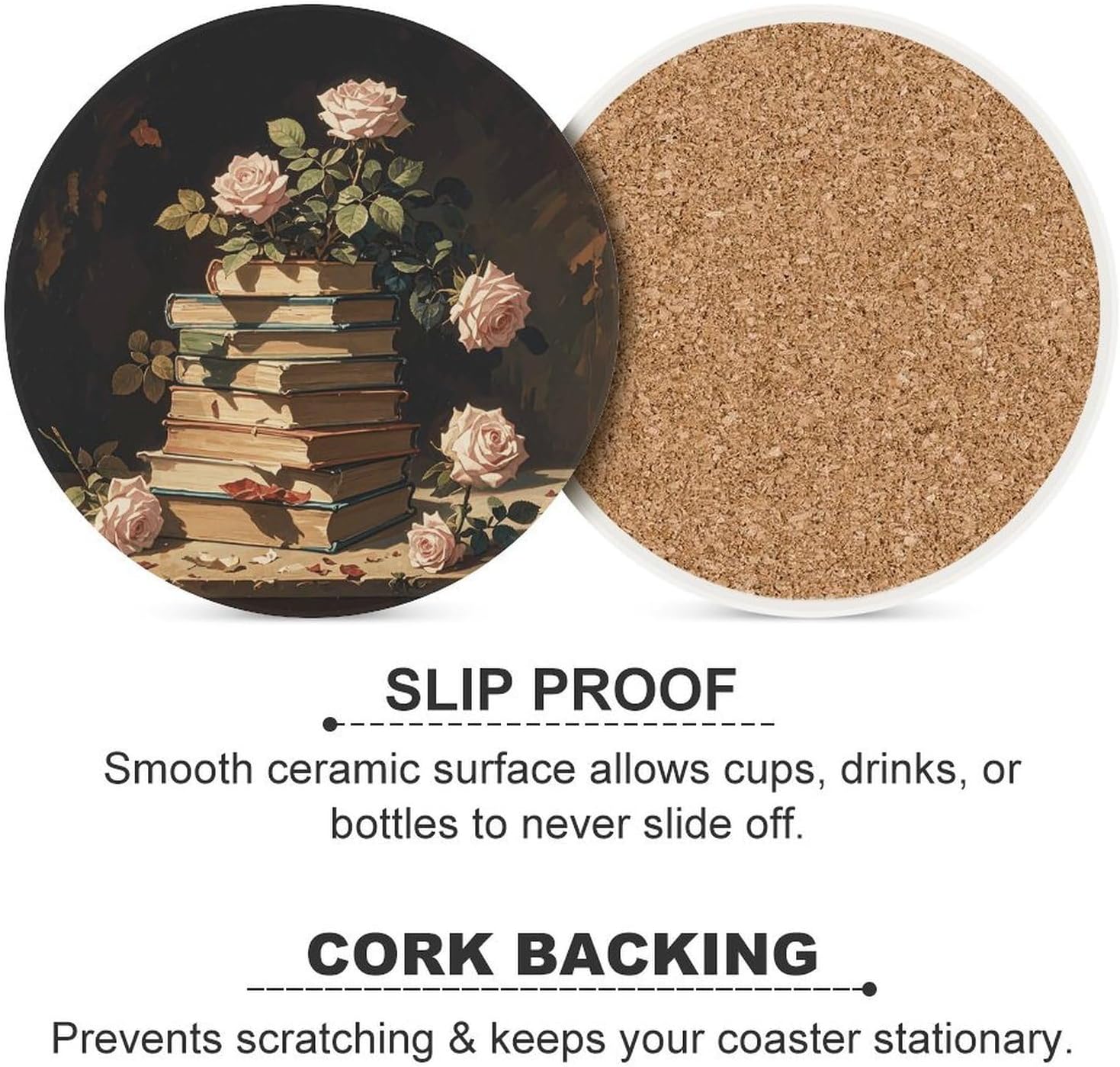 6PCS Dark Academy Coasters Non-Slip Round Drink Coasters with Ceramic Stone and Cork Base, Heat Resistant Absorbent 33.00Stone Coaster Set for Kinds of Mugs and Cups, 4 Inch