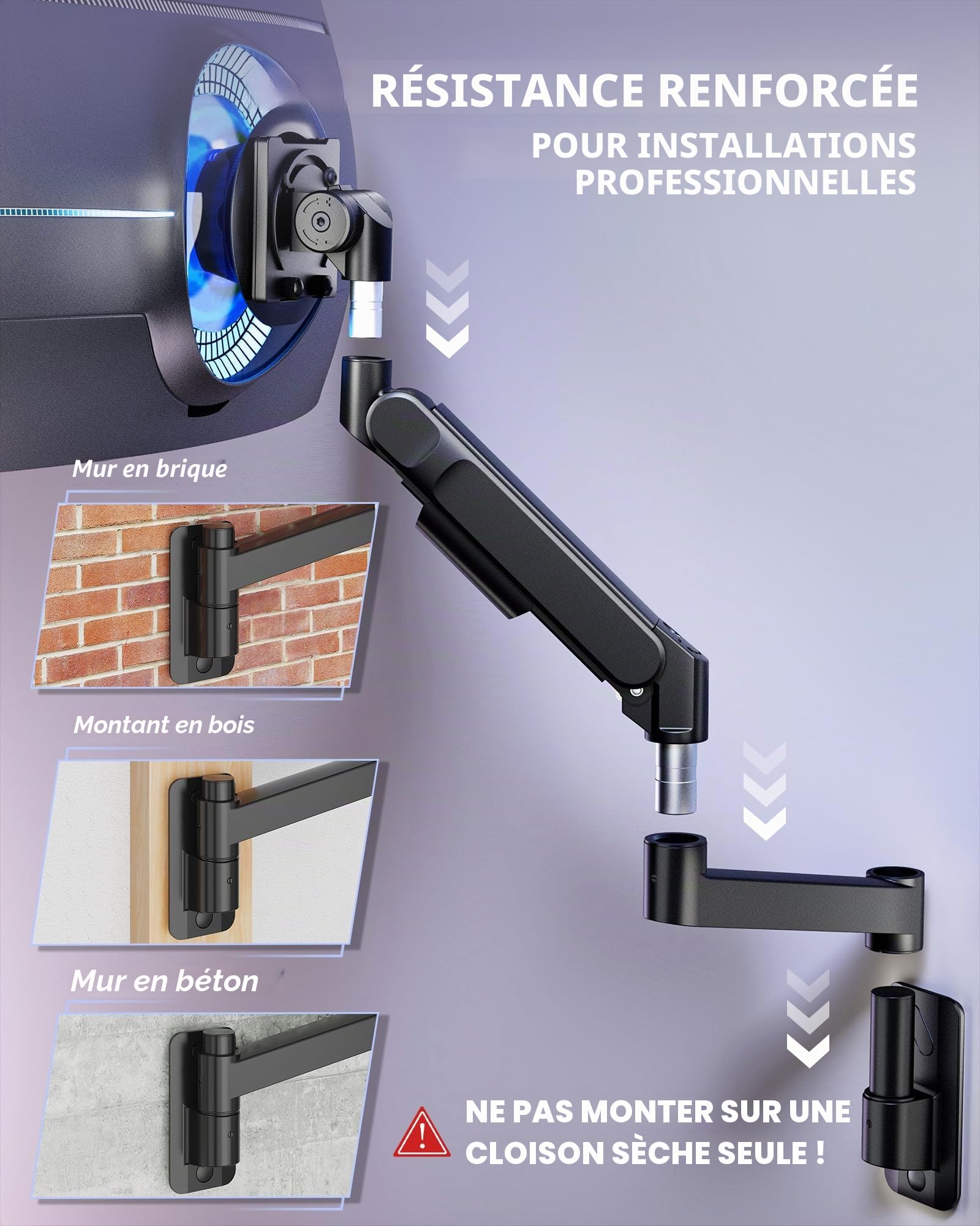 ARES WING Support Mural pour 1 Moniteur de 24 à 57", Noir