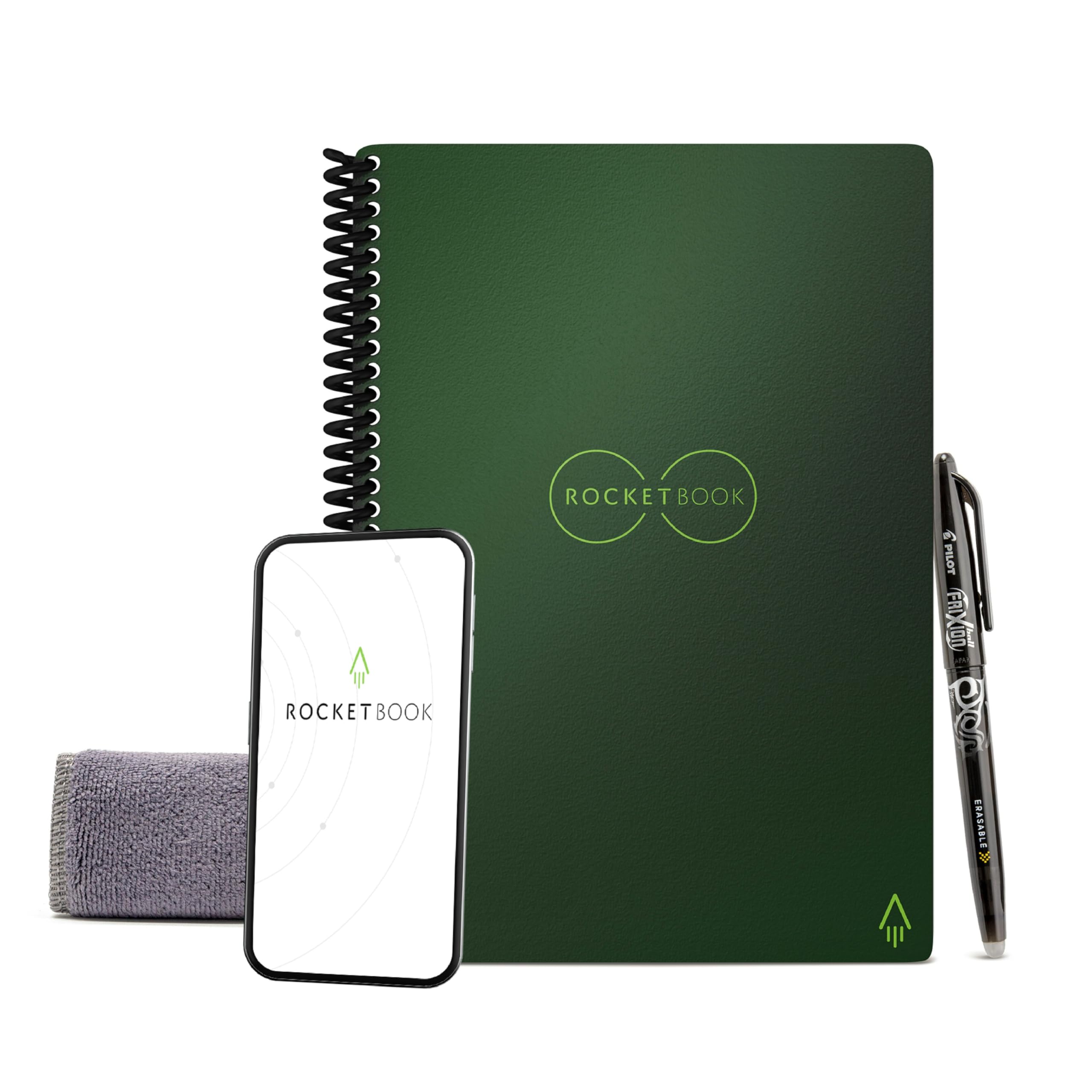 Rocketbook Reusable Digital Notebook - Smart Notepad A5 Green - Spiral Note Book To Do List Pad, Lined Paper with Frixion Erasable Pen and Wipe, Office Gadget with Rocketbook App, Reduce Paper Waste