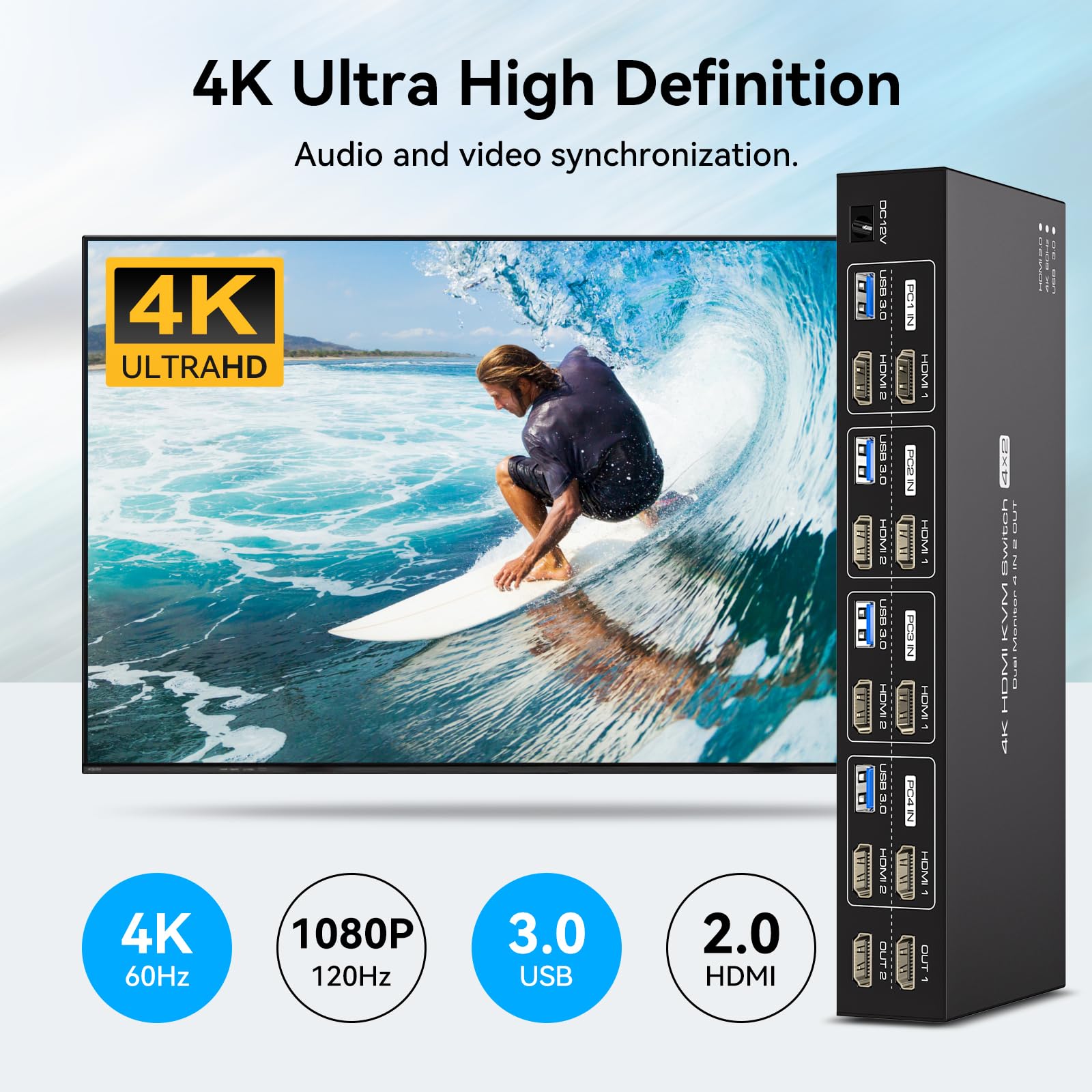 HDMI KVM Switch 4 PC 2 Monitor 4K60Hz Emulation Edid Commutateurs KVM 4 In 2 Out HDMI USB 3.0 Switch Pour 4 Ordinateurs 2 Moniteurs Et 4 Périphériques USB 3.0 Avec Télécommande IR