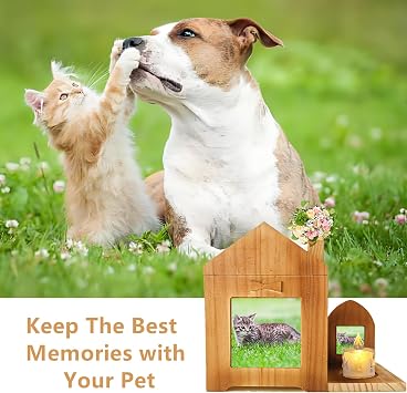 Personalised Pet Urn for Ashes, Wooden Keepsake House Dog Cat Memory Box with Candle Holder, Pet Memorial Keepsake Funerary Caskets, Pet Cremation Urn with Picture Frame for Dog Memorial Gifts