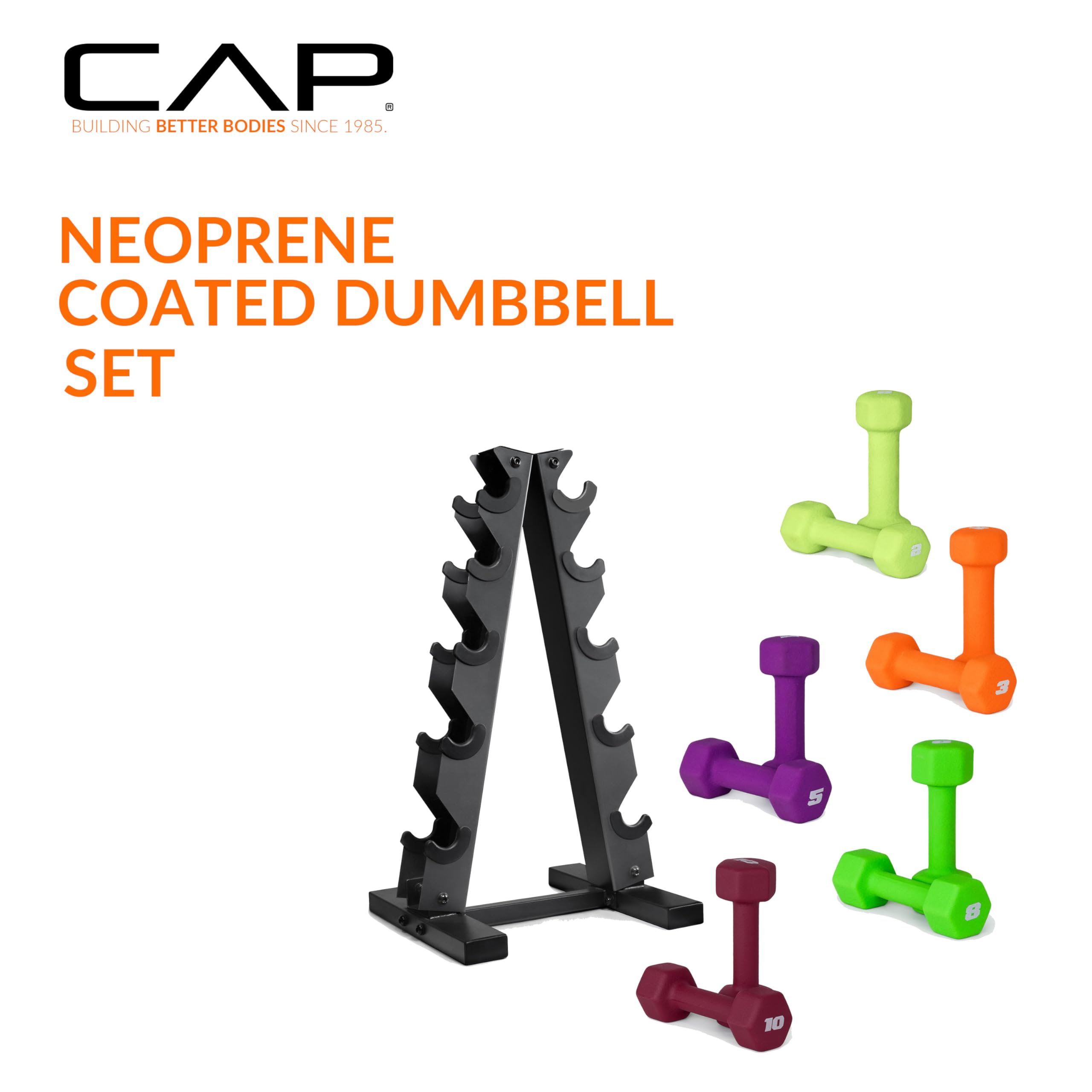 CAP Barbell 56 LB Set of Neoprene Dumbbells with Rack Color Series | 2, 3, 5, 8, 10 LB pairs