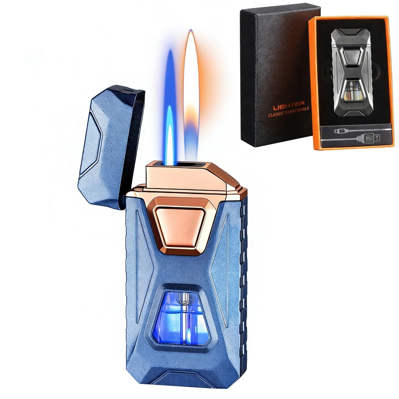 Briquet double flamme vocale premium en verre transparent pour cigares et extérieurs chic