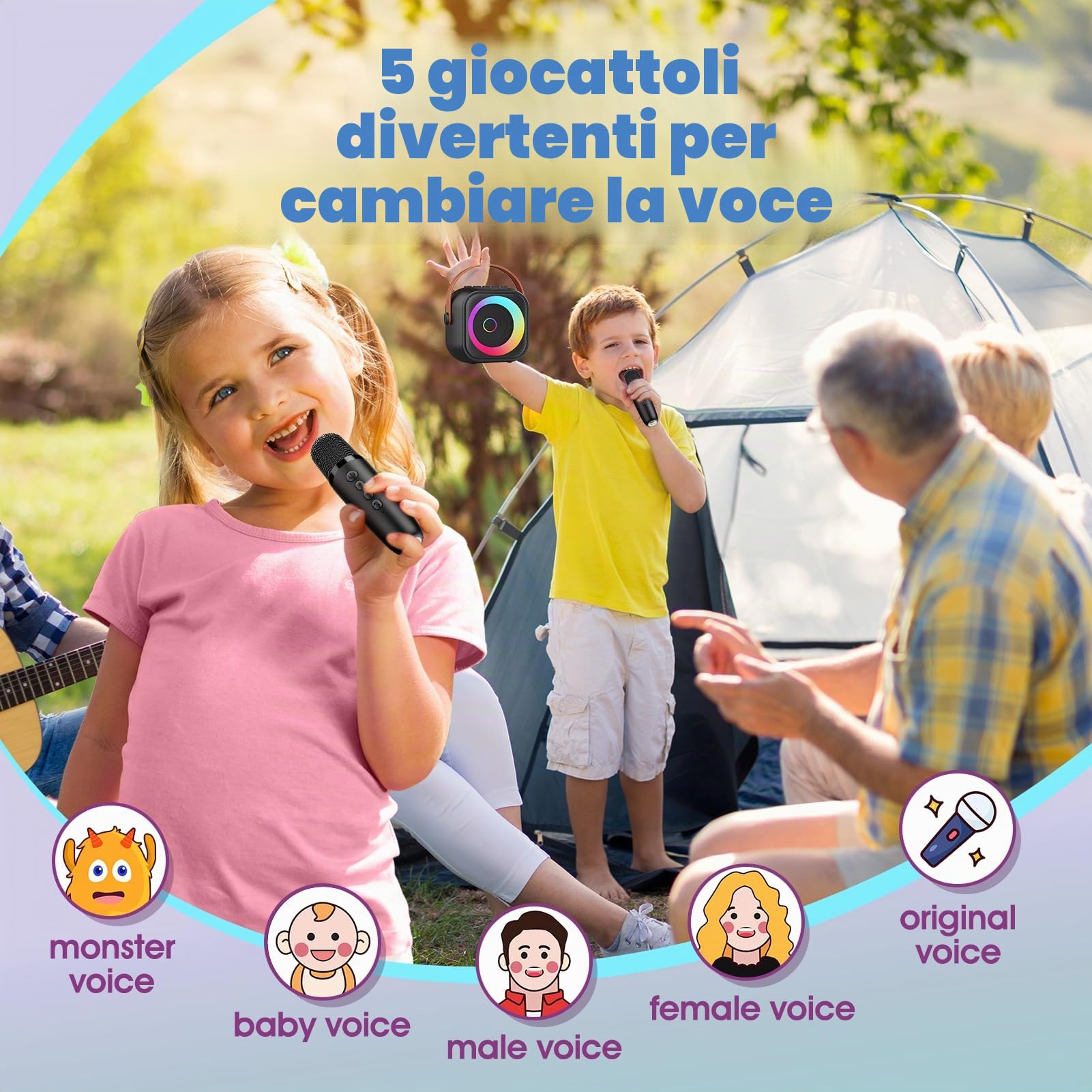 Karaoke per Bambini con 2 Microfoni Wireless & Luci LED - Microfono Bluetooth Effetti Voce 3-12 Anni